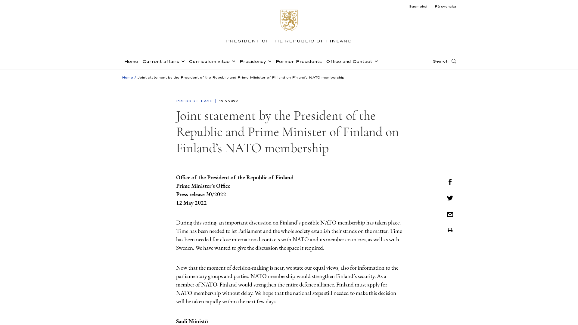 Joint statement by the President of the Republic and Prime Minister of Finland on Finland's NATO membership - Presidentti