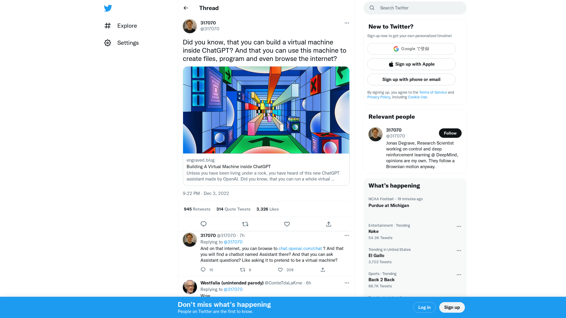 317070 on Twitter: "Did you know, that you can build a virtual machine inside ChatGPT? And that you can use this machine to create files, program and even browse the internet? https://t.co/15IwHwr2on" / Twitter