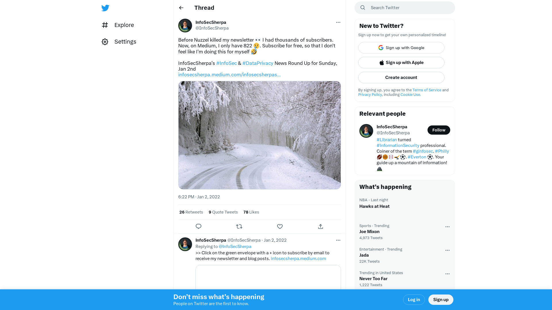 InfoSecSherpa on Twitter: "Before Nuzzel killed my newsletter 👀 I had thousands of subscribers. Now, on Medium, I only have 822 😢. Subscribe for free, so that I don't feel like I'm doing this for myself 🤣 InfoSecSherpa’s #InfoSec &amp; #DataPrivacy News Round Up for Sunday, Jan 2nd https://t.co/EAGLYLX09r https://t.co/iYoEWBedrl" / Twitter