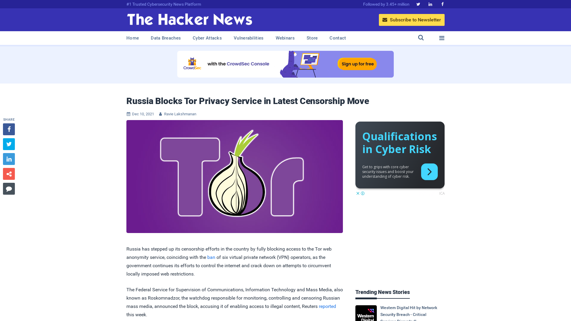 Russia Blocks Tor Privacy Service in Latest Censorship Move