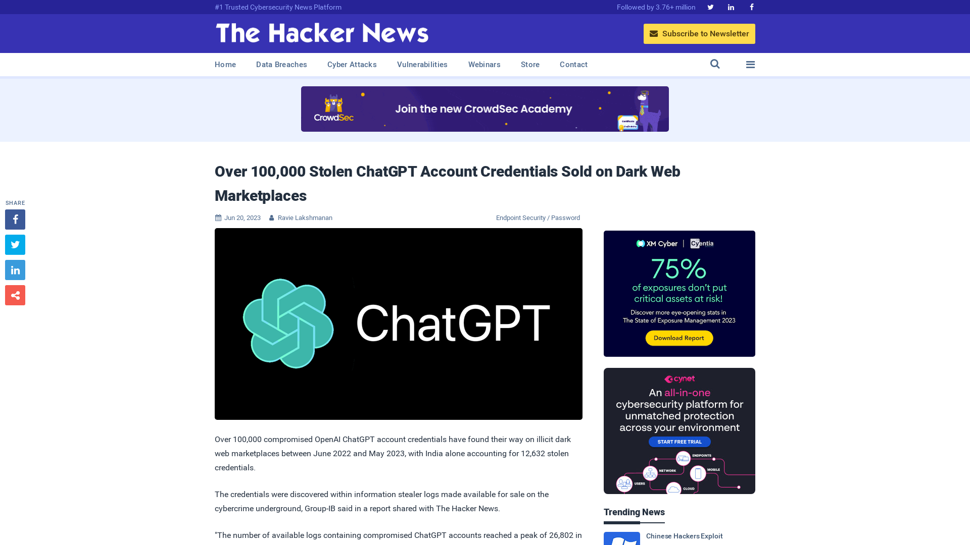 Over 100,000 Stolen ChatGPT Account Credentials Sold on Dark Web Marketplaces