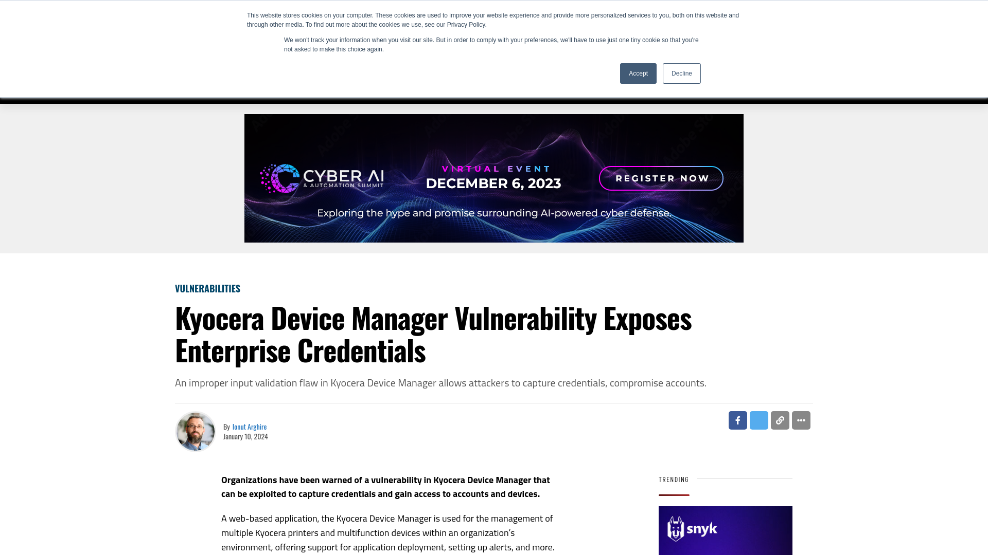 Kyocera Device Manager Vulnerability Exposes Enterprise Credentials - SecurityWeek