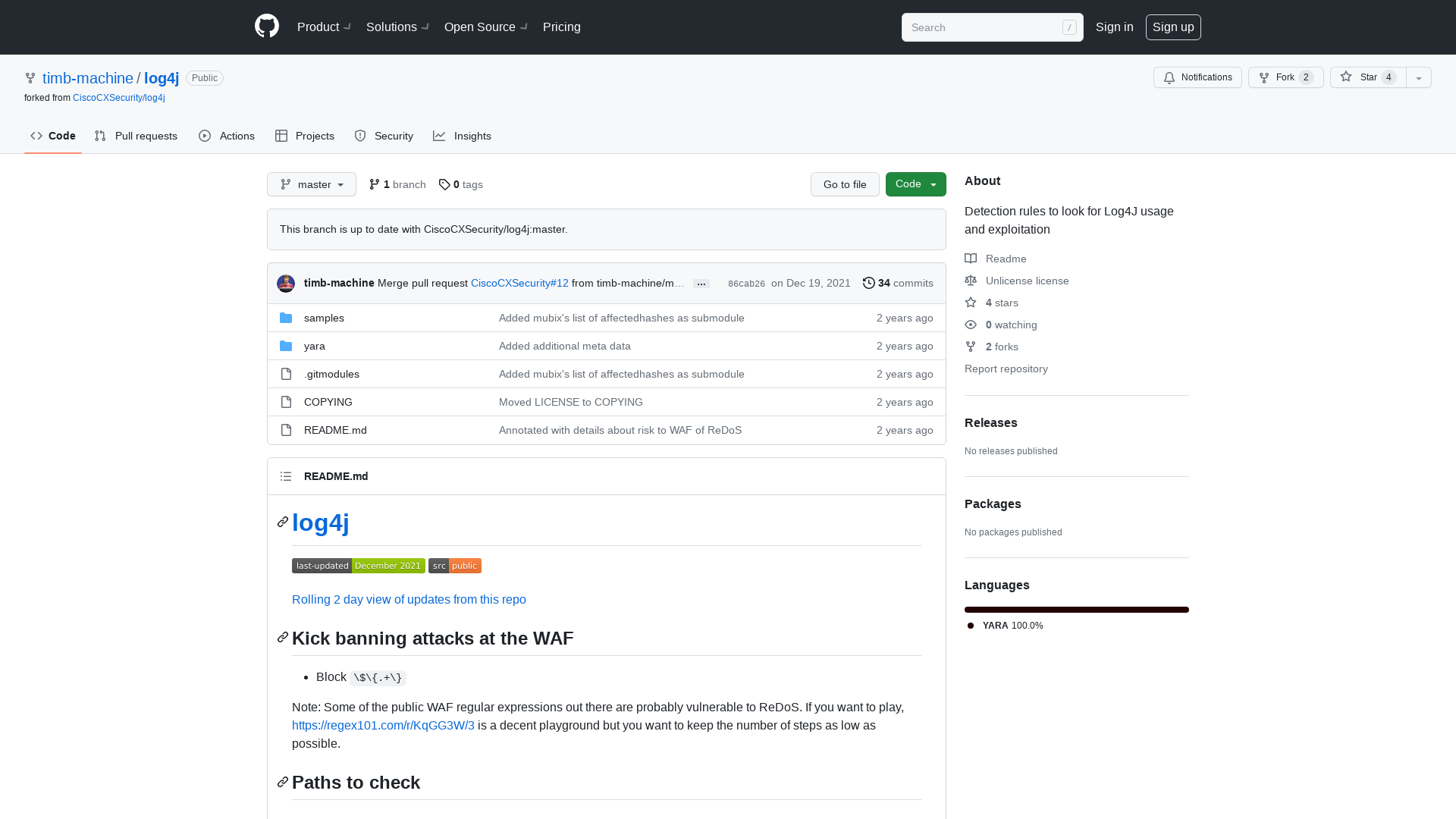 GitHub - timb-machine/log4j: Detection rules to look for Log4J usage and exploitation