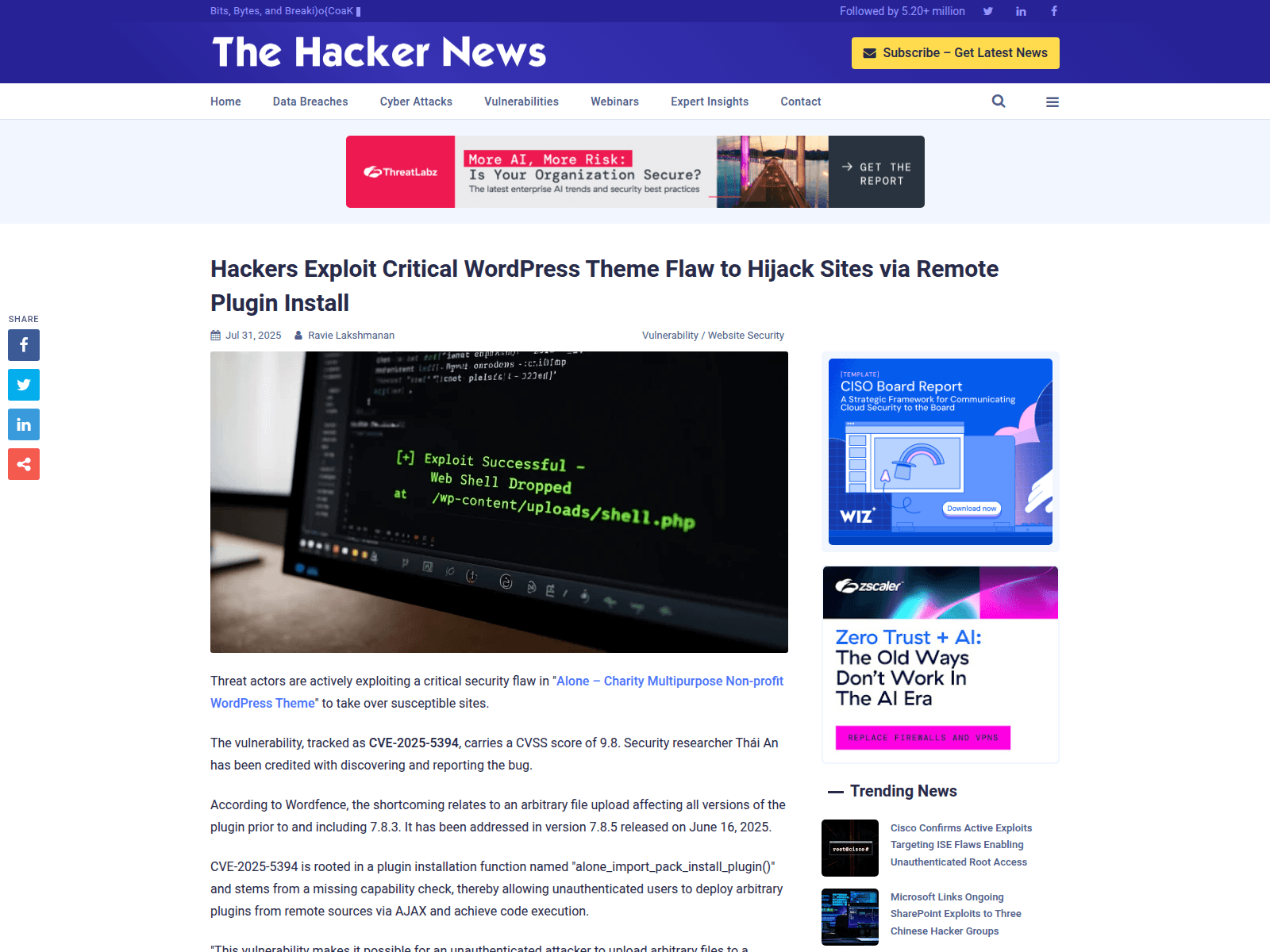 Hackers Exploit Critical WordPress Theme Flaw to Hijack Sites via Remote Plugin Install