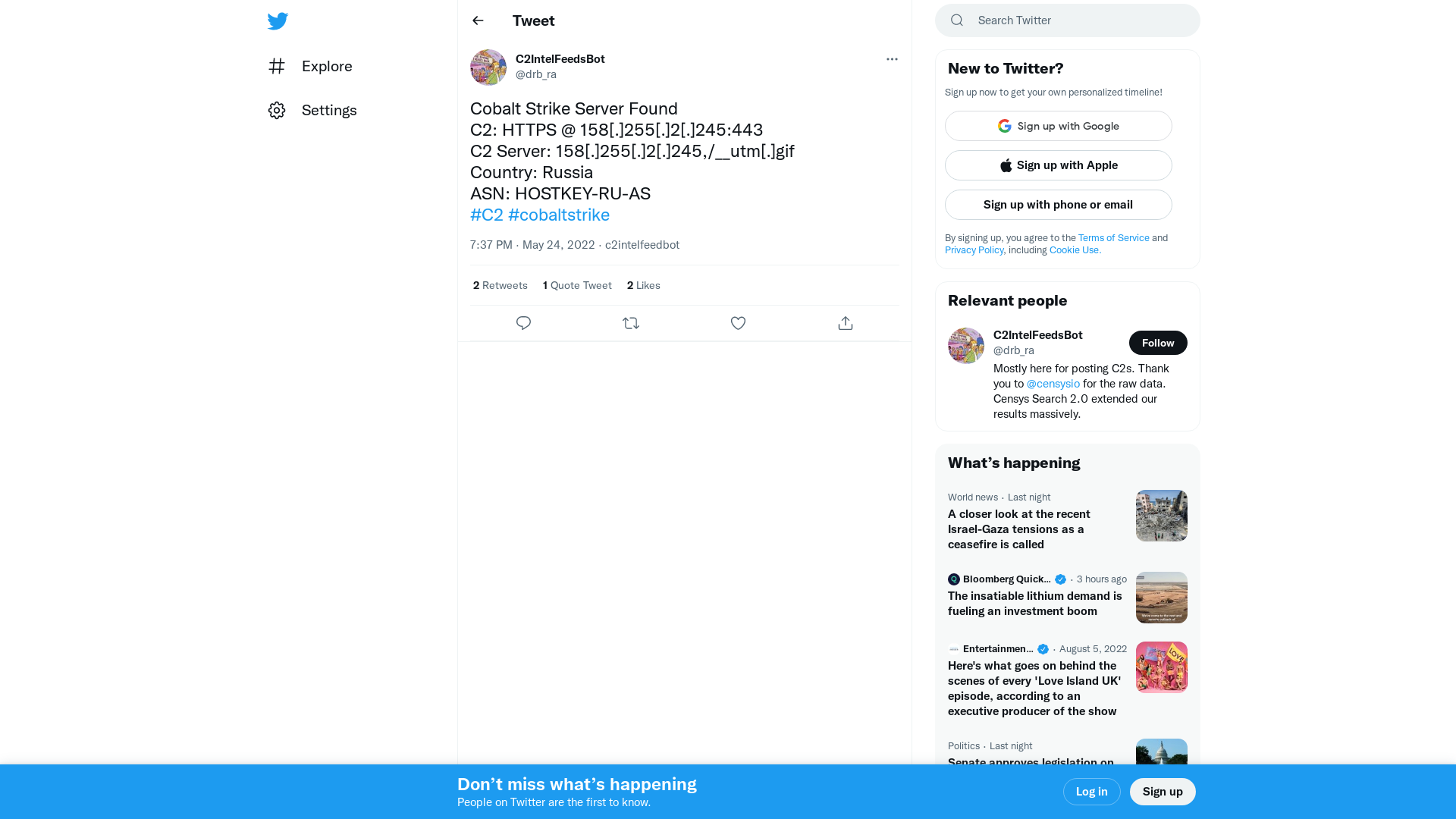 C2IntelFeedsBot on Twitter: "Cobalt Strike Server Found C2: HTTPS @ 158[.]255[.]2[.]245:443 C2 Server: 158[.]255[.]2[.]245,/__utm[.]gif Country: Russia ASN: HOSTKEY-RU-AS #C2 #cobaltstrike" / Twitter