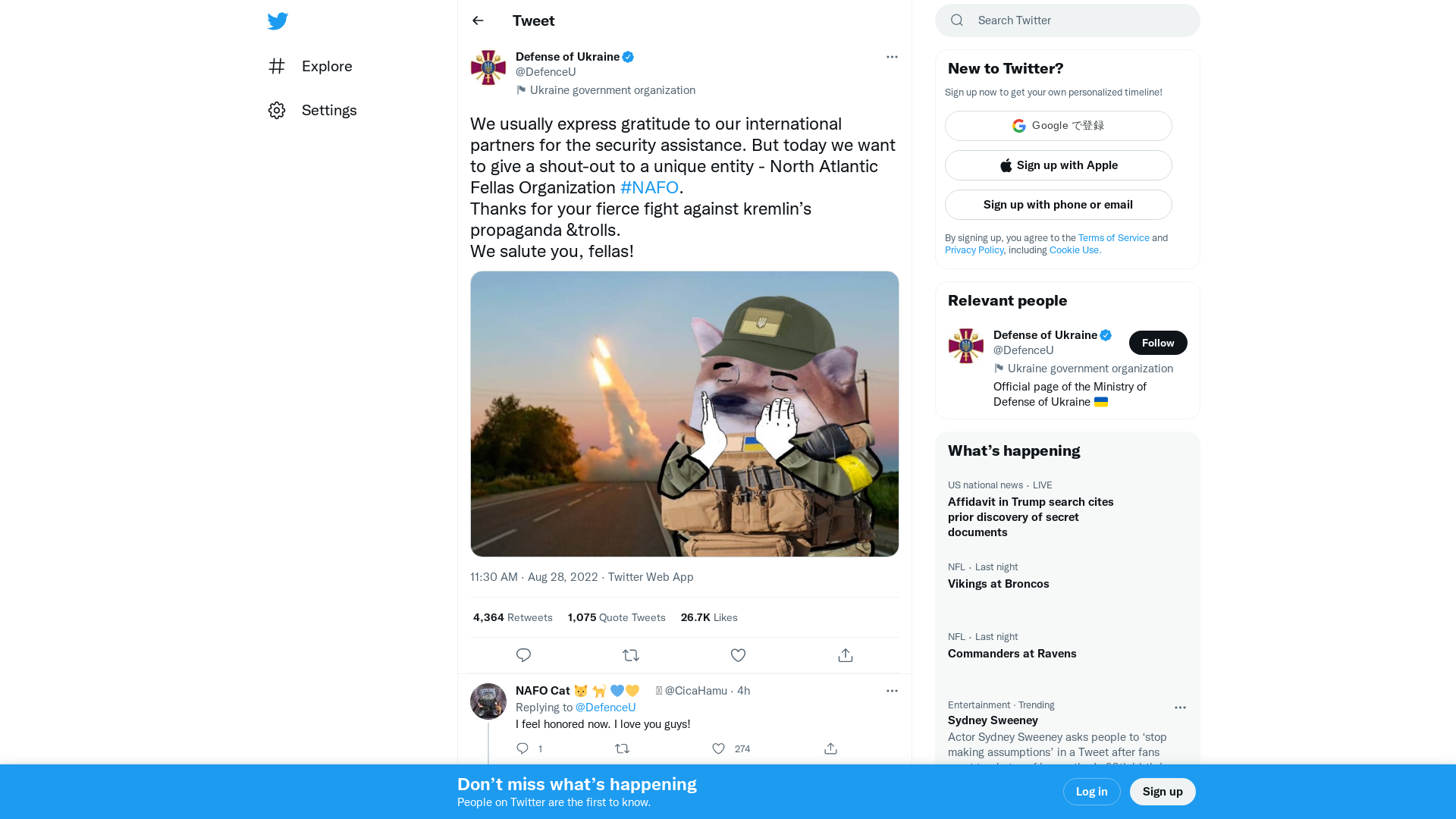 Defense of Ukraine on Twitter: "We usually express gratitude to our international partners for the security assistance. But today we want to give a shout-out to a unique entity - North Atlantic Fellas Organization #NAFO. Thanks for your fierce fight against kremlin’s propaganda &amp;trolls. We salute you, fellas! https://t.co/AfDnXf7pfc" / Twitter