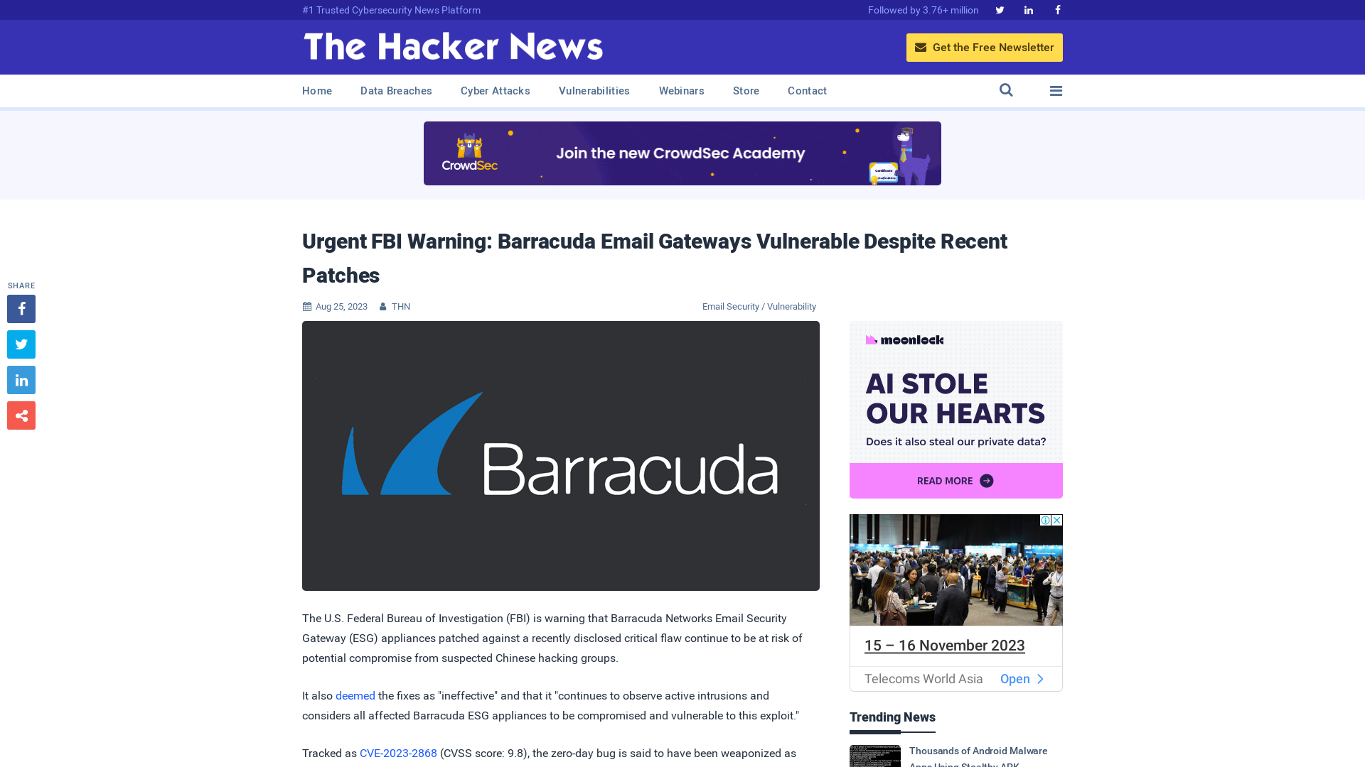 Urgent FBI Warning: Barracuda Email Gateways Vulnerable Despite Recent Patches