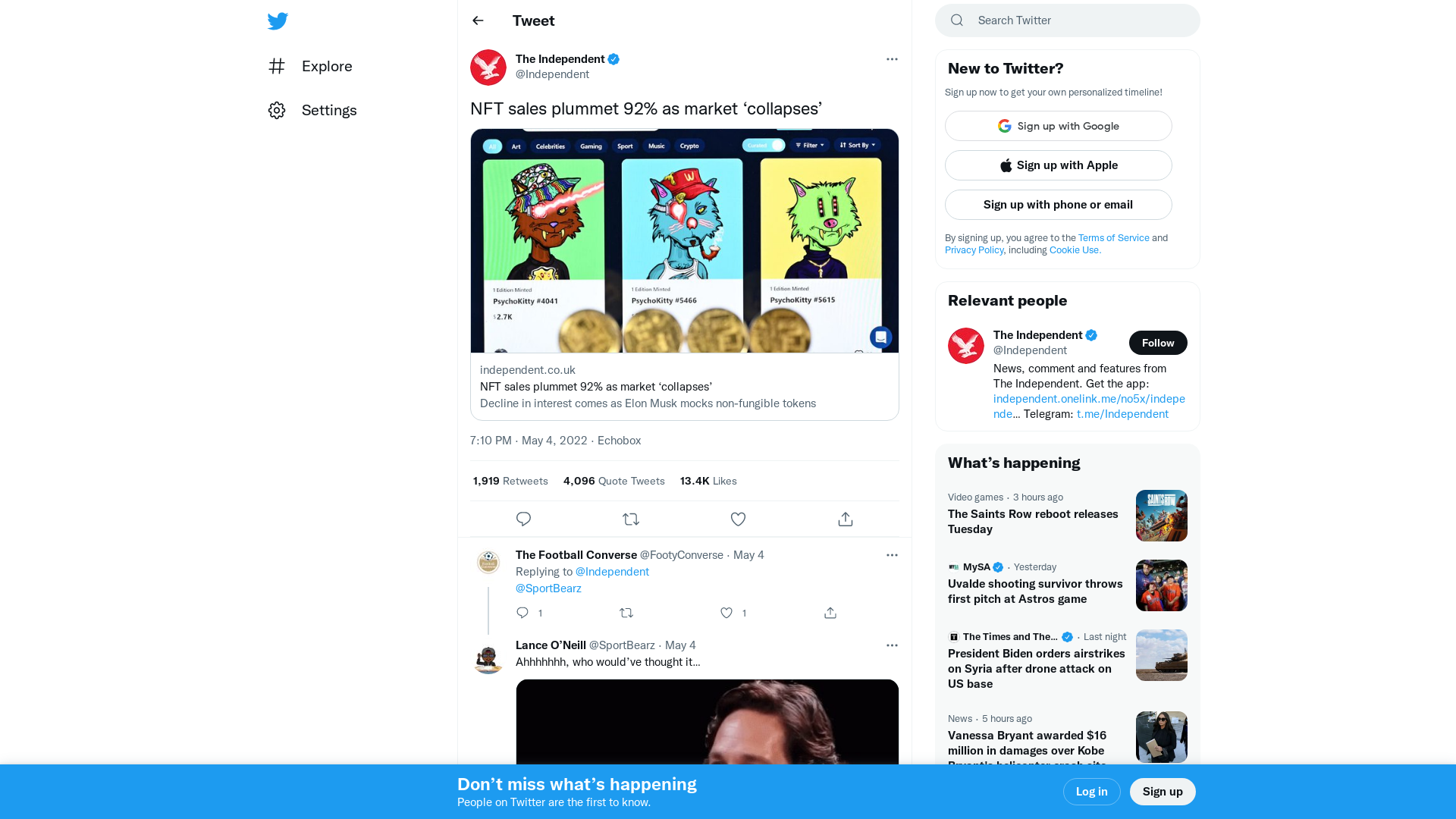 The Independent on Twitter: "NFT sales plummet 92% as market ‘collapses’ https://t.co/ifb5gih9tR" / Twitter