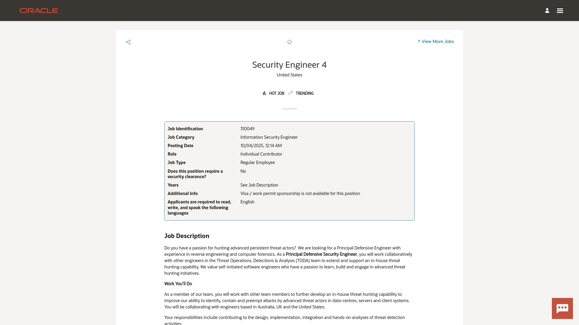 Security Engineer 4 - Oracle Careers