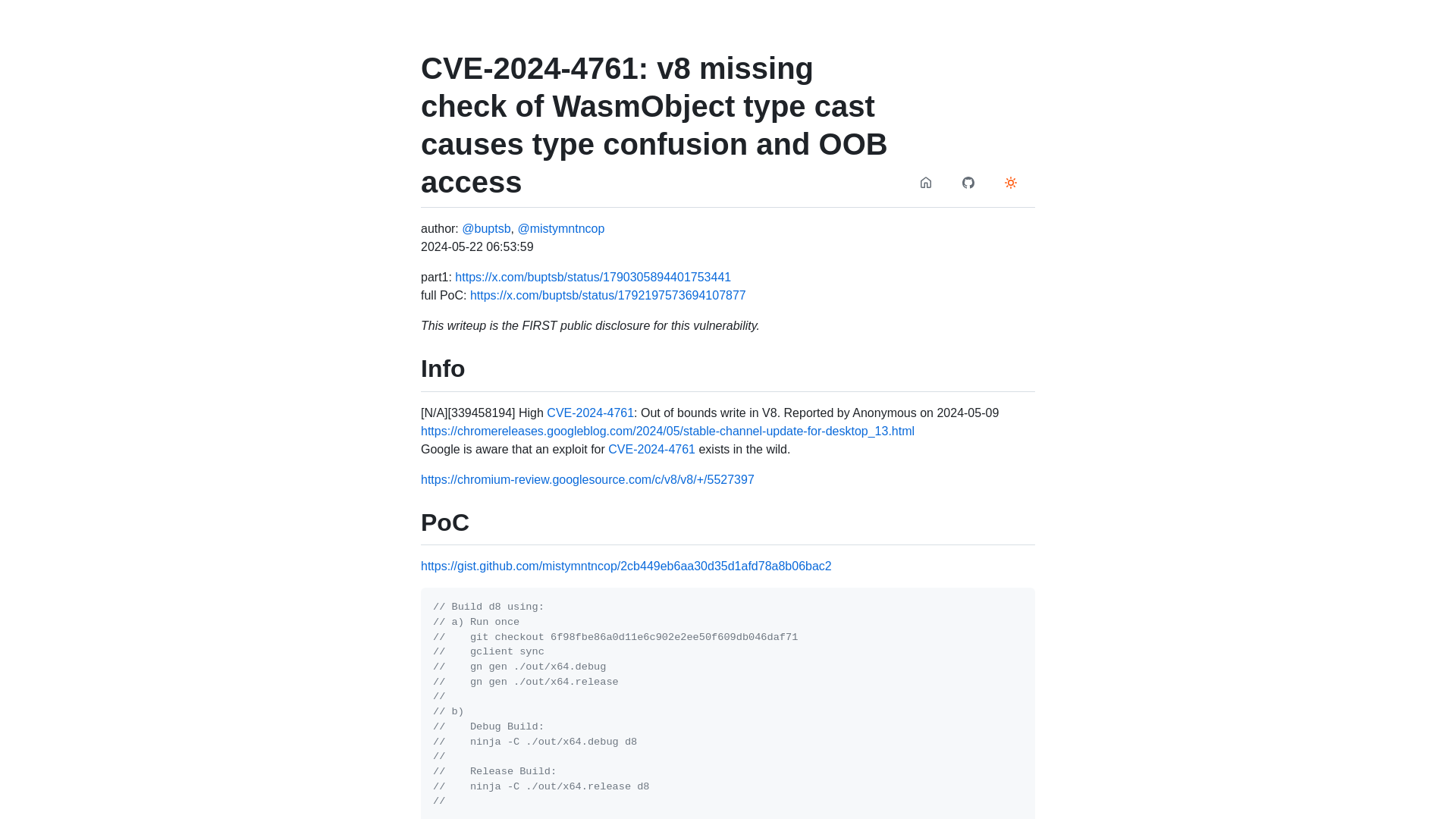 CVE-2024-4761: v8 missing check of WasmObject type cast causes type confusion and OOB access