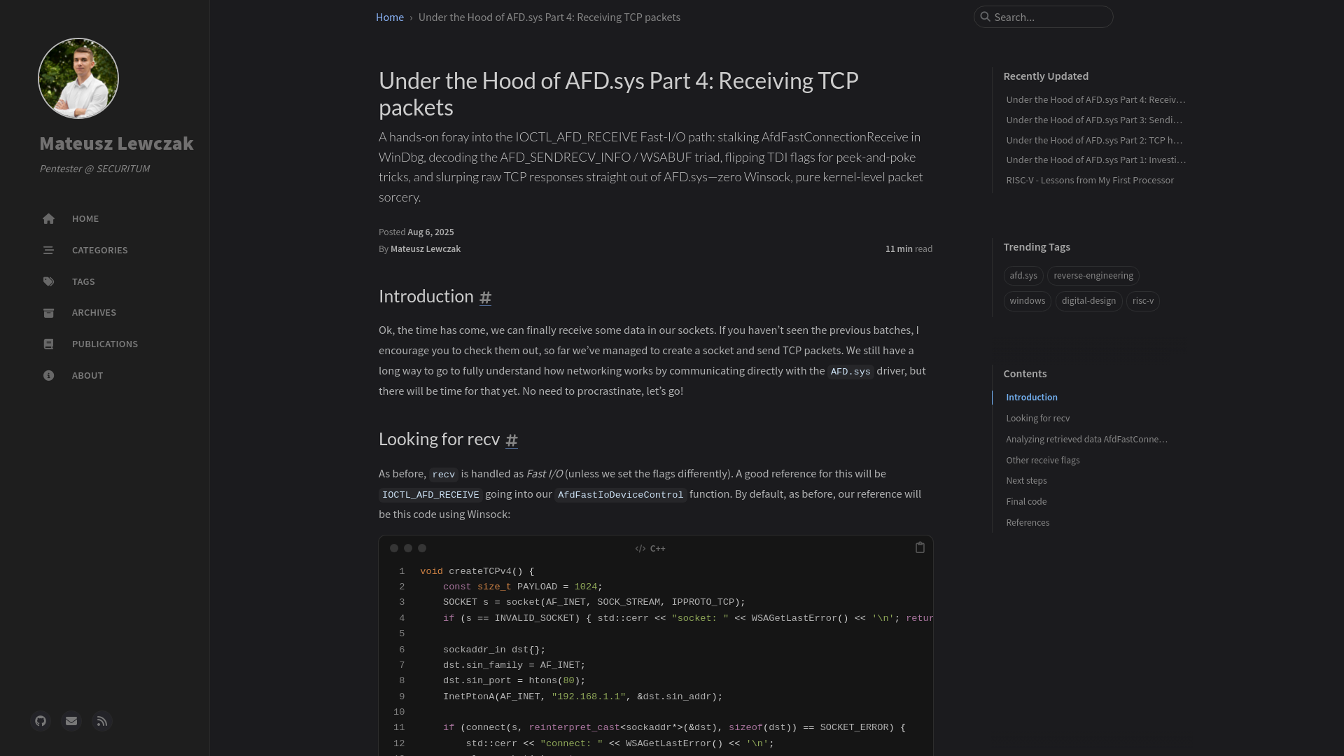 Under the Hood of AFD.sys Part 4: Receiving TCP packets | Mateusz Lewczak