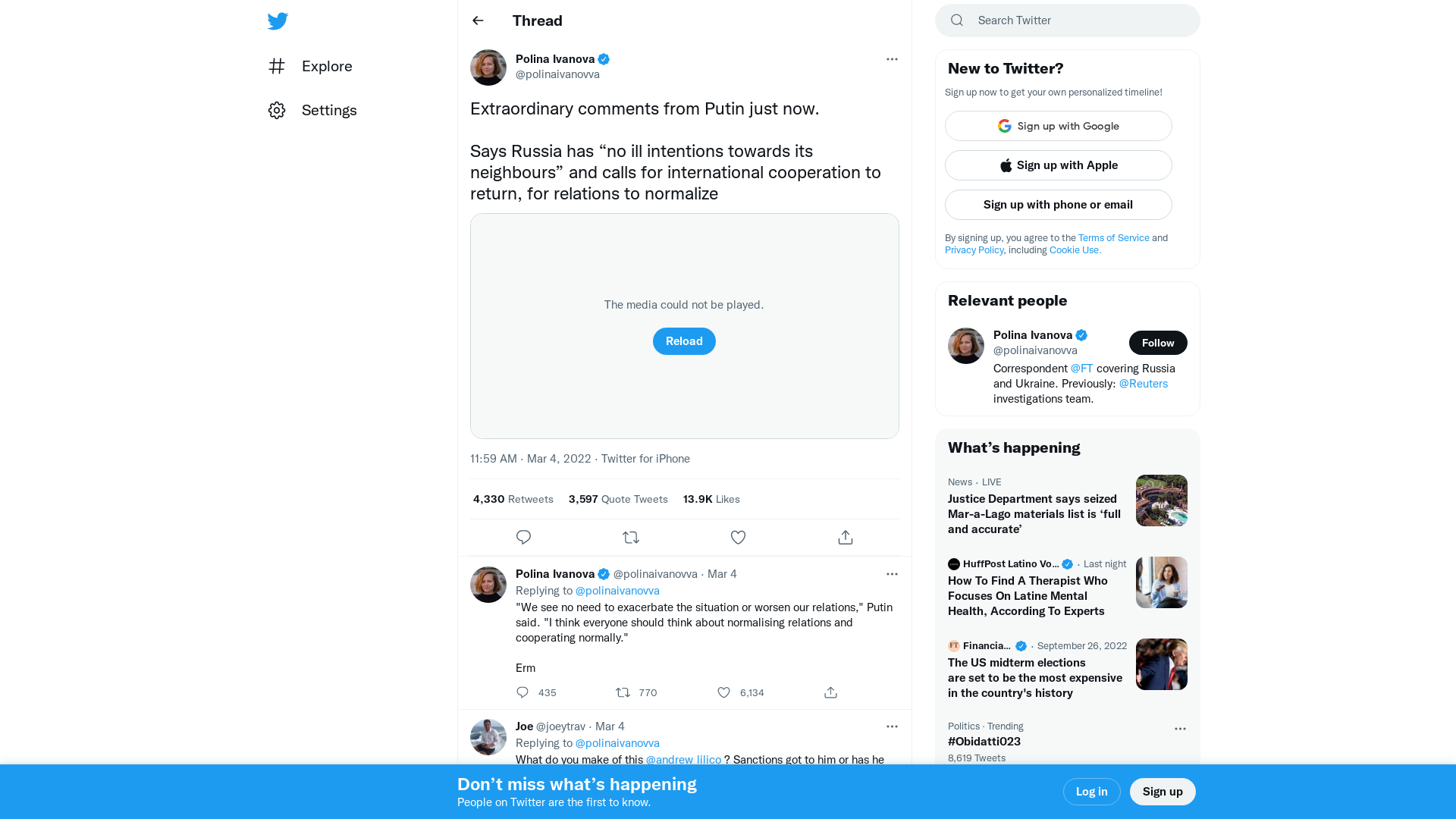 Polina Ivanova on Twitter: "Extraordinary comments from Putin just now. Says Russia has “no ill intentions towards its neighbours” and calls for international cooperation to return, for relations to normalize https://t.co/r00LJCeLlI" / Twitter