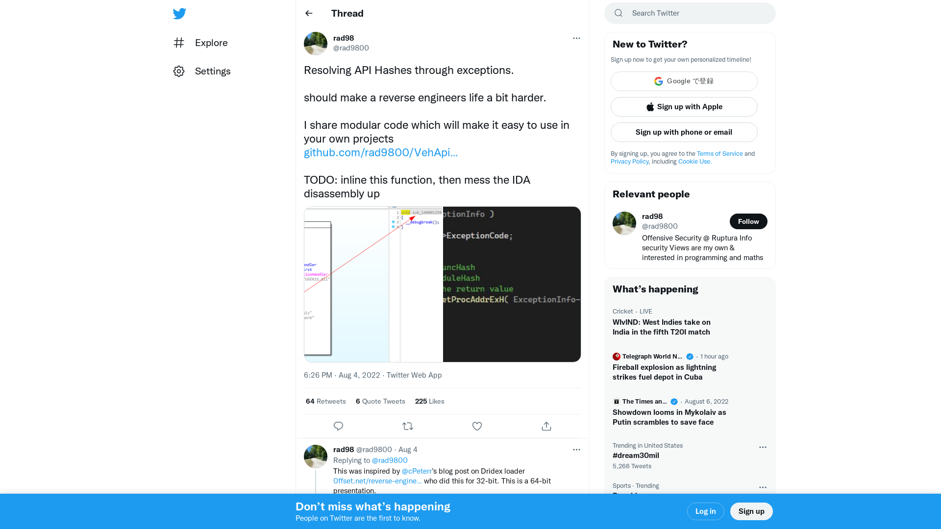 rad98 on Twitter: "Resolving API Hashes through exceptions. should make a reverse engineers life a bit harder. I share modular code which will make it easy to use in your own projects https://t.co/PSoWphhAEA TODO: inline this function, then mess the IDA disassembly up https://t.co/cgmGu3Lwlr" / Twitter