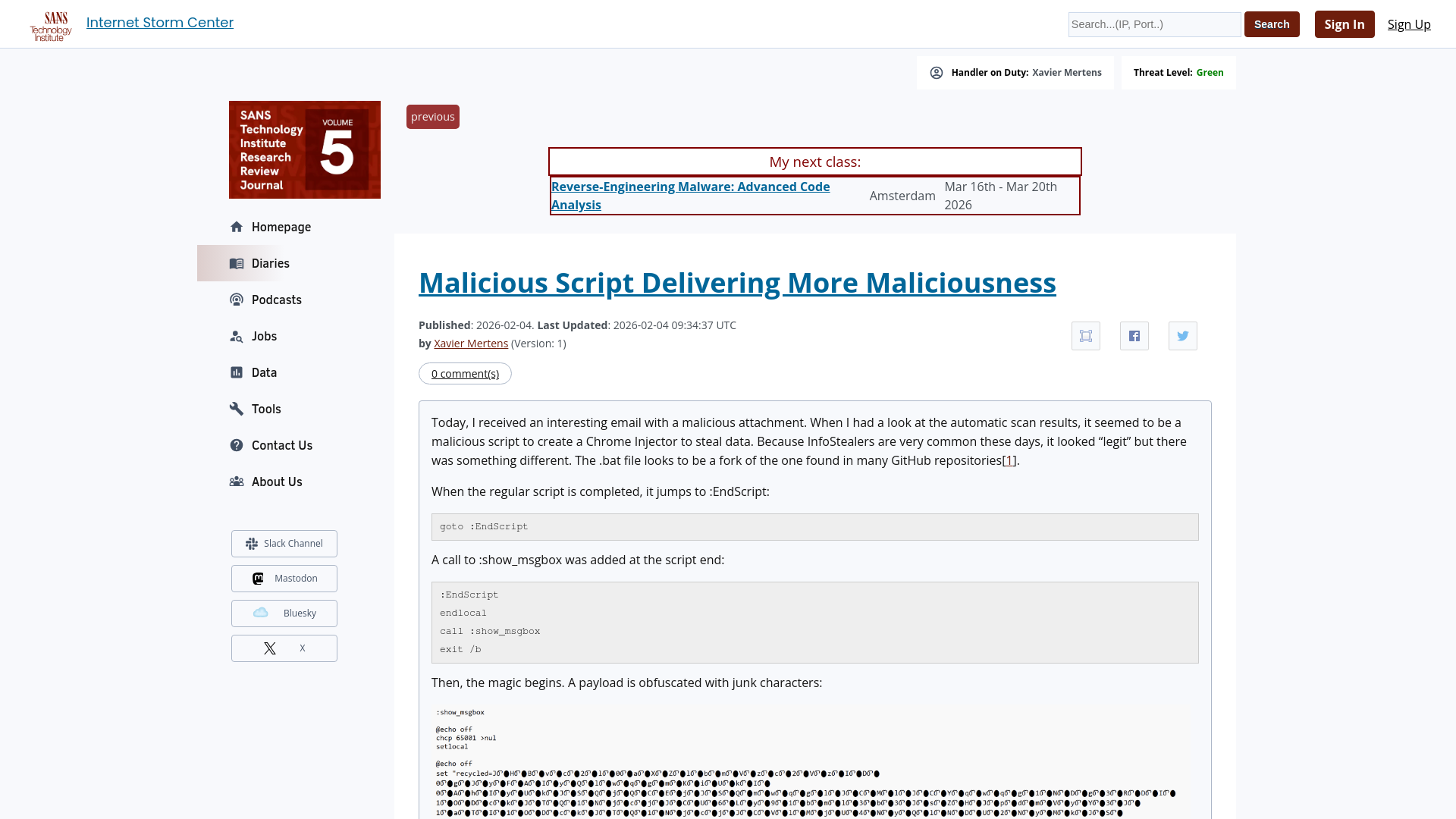 Malicious Script Delivering More Maliciousness - SANS ISC