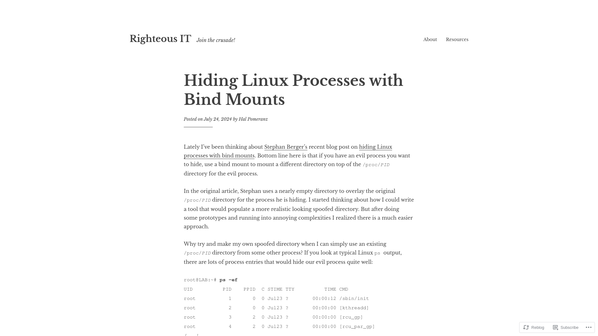 Hiding Linux Processes with Bind Mounts – Righteous IT