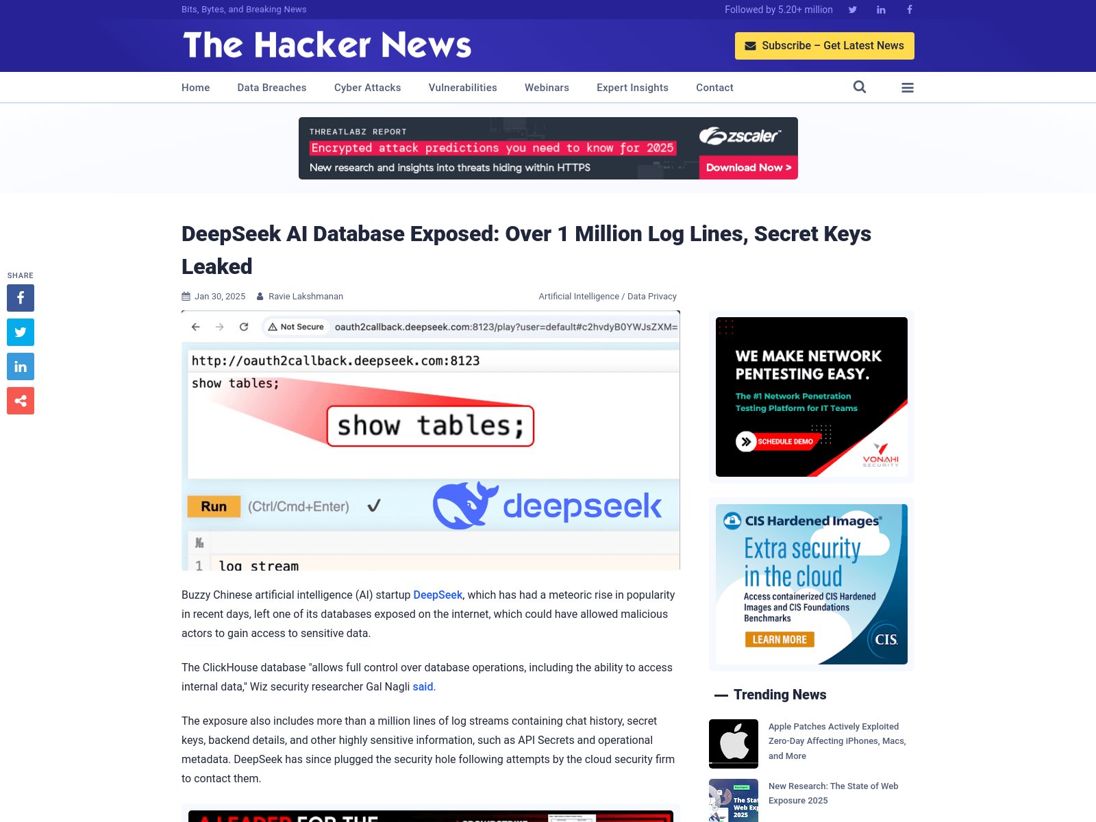 DeepSeek AI Database Exposed: Over 1 Million Log Lines, Secret Keys Leaked