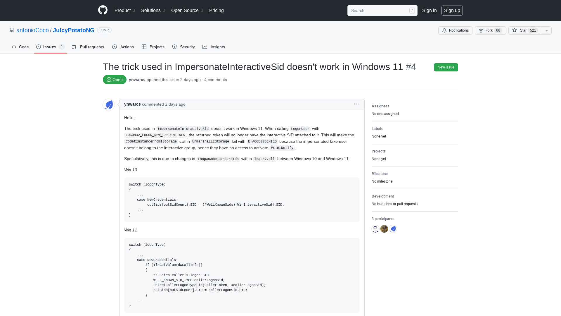 The trick used in ImpersonateInteractiveSid doesn't work in Windows 11 · Issue #4 · antonioCoco/JuicyPotatoNG · GitHub