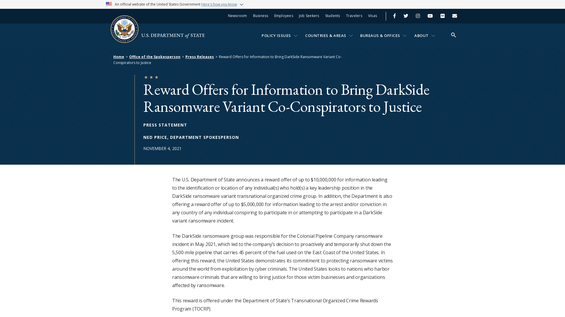 Reward Offers for Information to Bring DarkSide Ransomware Variant Co-Conspirators to Justice - United States Department of State