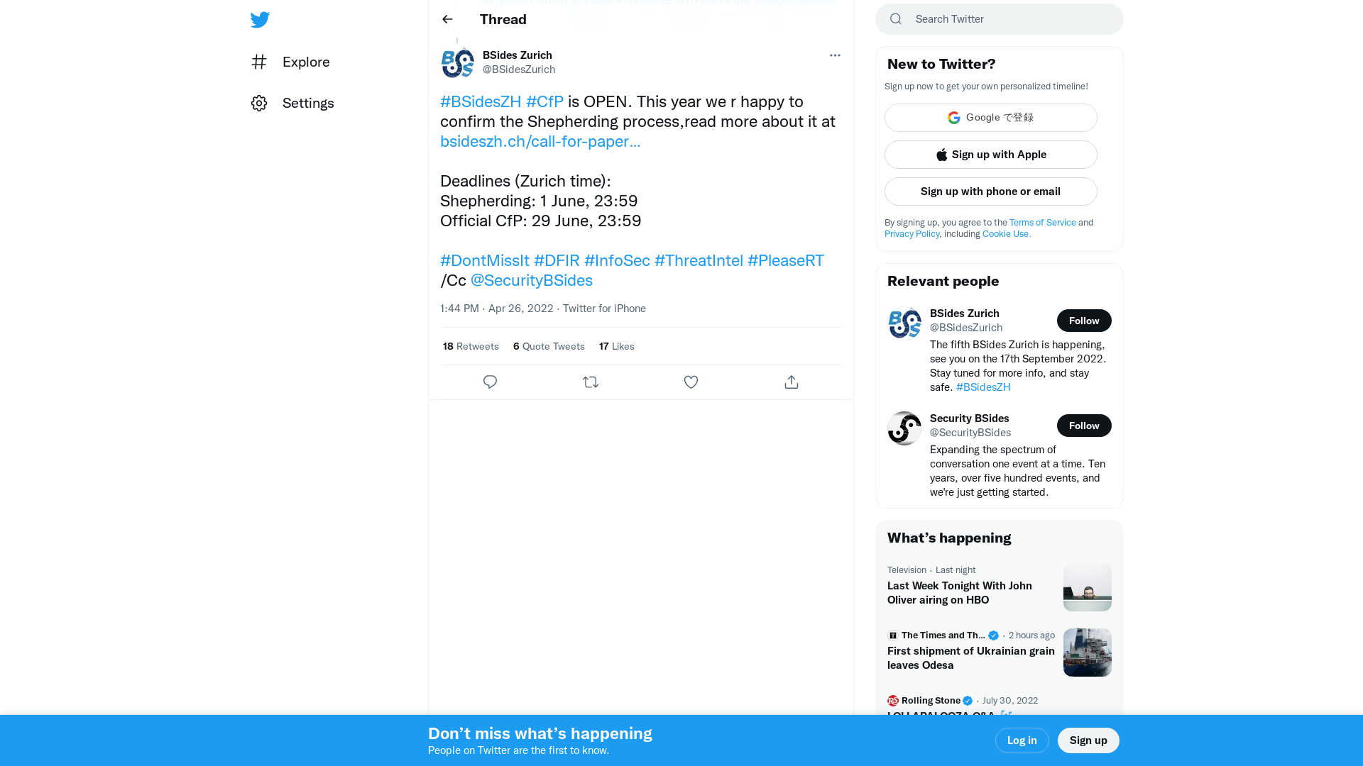 BSides Zurich on Twitter: "#BSidesZH #CfP is OPEN. This year we r happy to confirm the Shepherding process,read more about it at https://t.co/9GbzGprjBB Deadlines (Zurich time): Shepherding: 1 June, 23:59 Official CfP: 29 June, 23:59 #DontMissIt #DFIR #InfoSec #ThreatIntel #PleaseRT /Cc @SecurityBSides" / Twitter