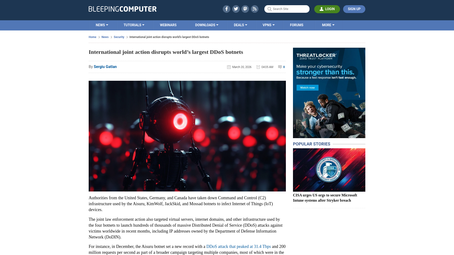 International joint action disrupts world’s largest DDoS botnets