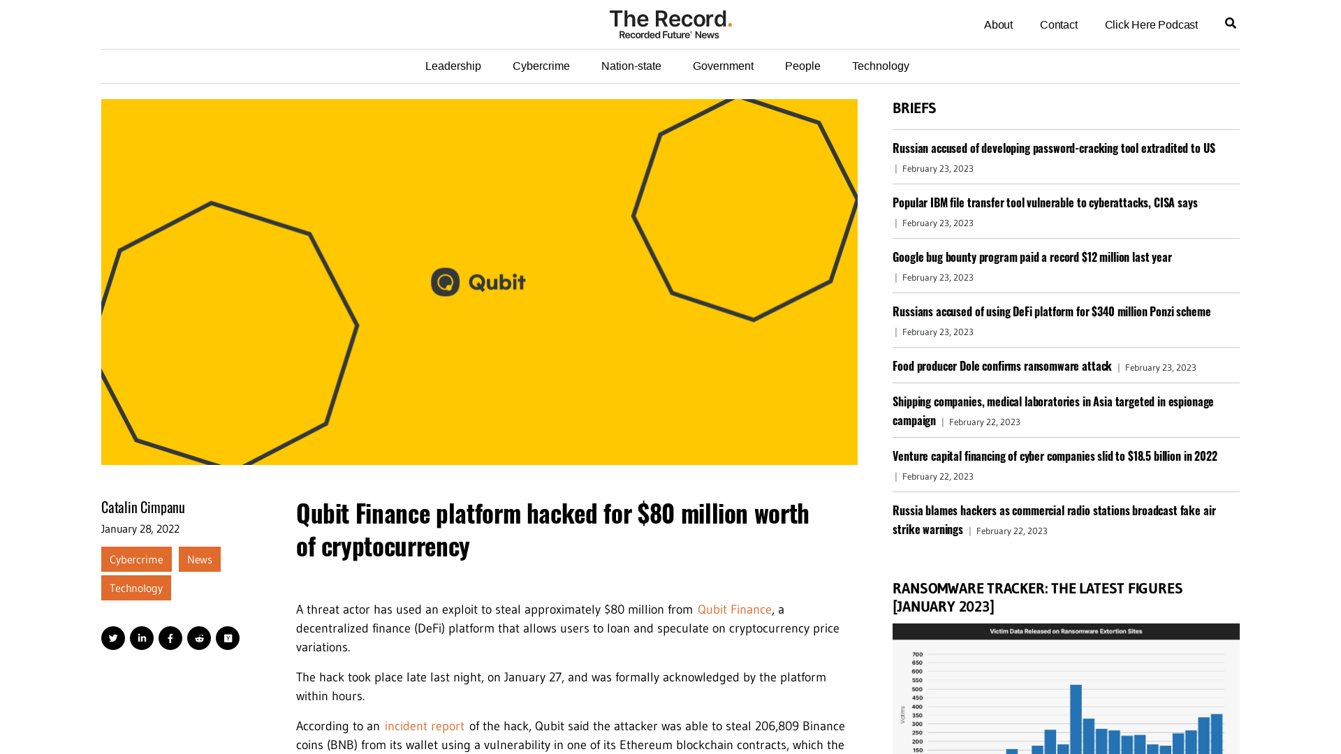 Qubit Finance platform hacked for $80 million worth of cryptocurrency - The Record from Recorded Future News