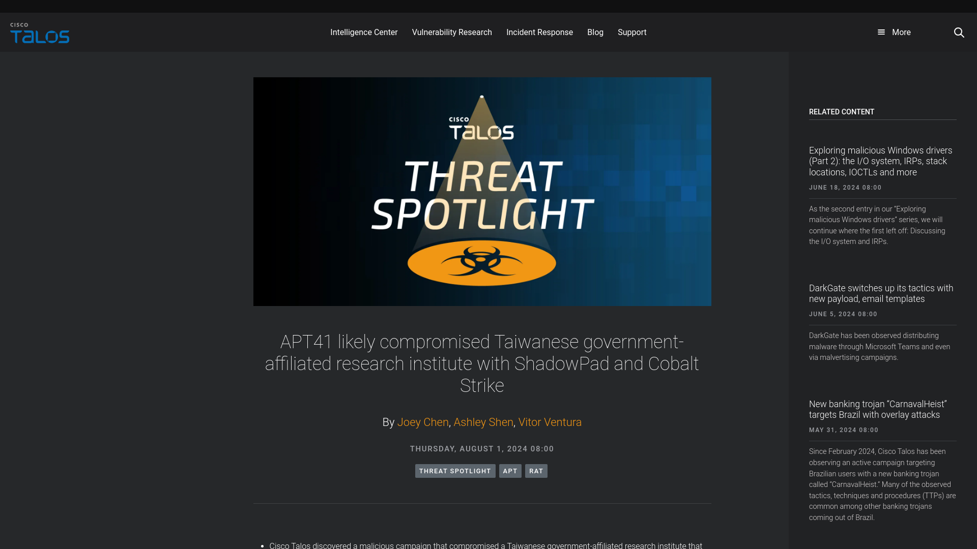 APT41 likely compromised Taiwanese government-affiliated research institute with ShadowPad and Cobalt Strike