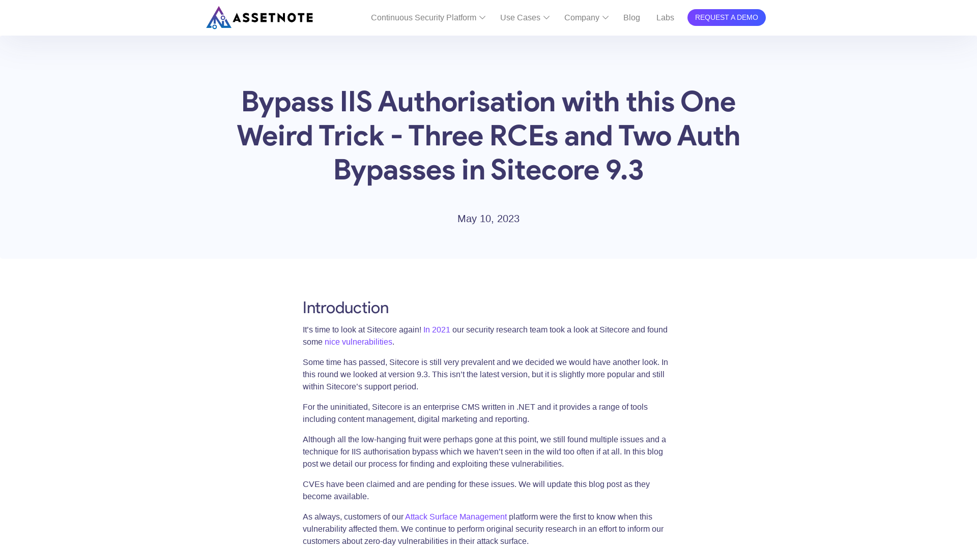 Bypass IIS Authorisation with this One Weird Trick - Three RCEs and Two Auth Bypasses in Sitecore 9.3 – Assetnote