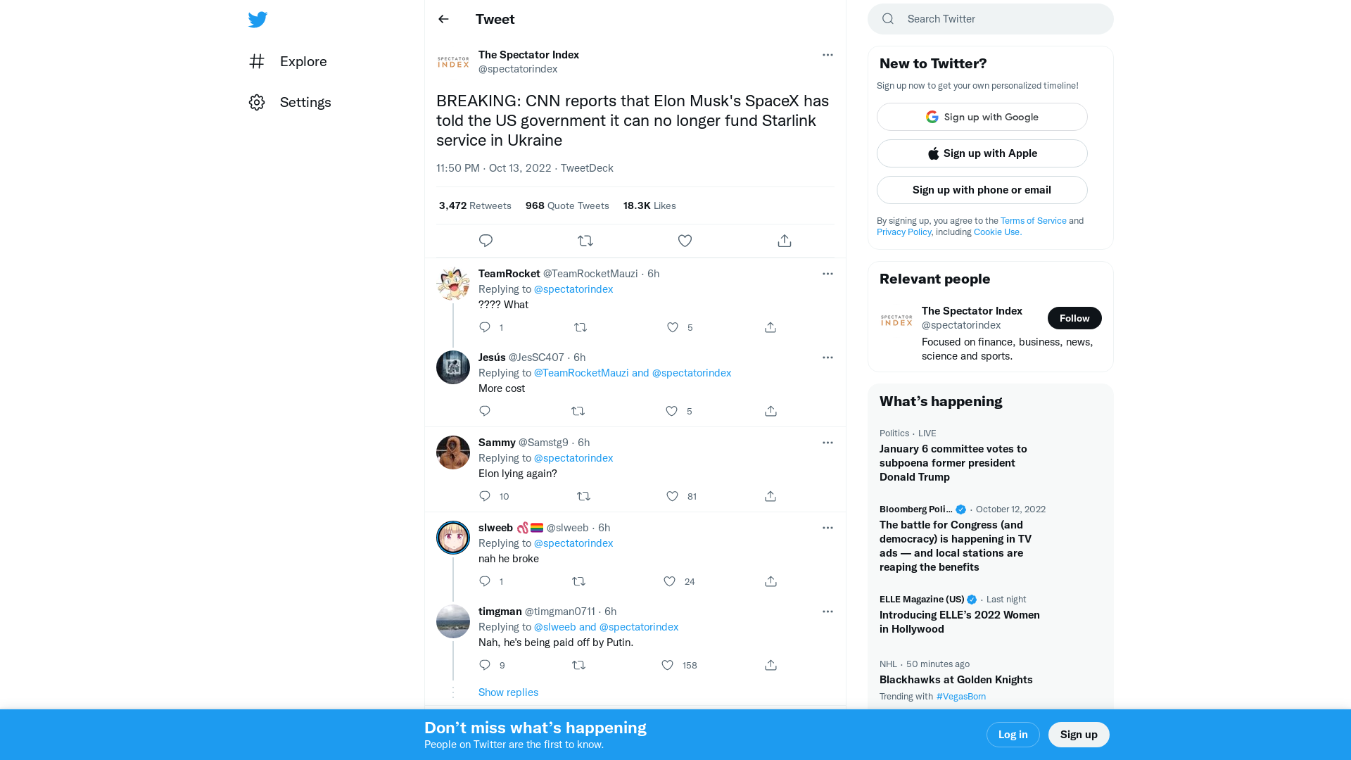 The Spectator Index on Twitter: "BREAKING: CNN reports that Elon Musk's SpaceX has told the US government it can no longer fund Starlink service in Ukraine" / Twitter