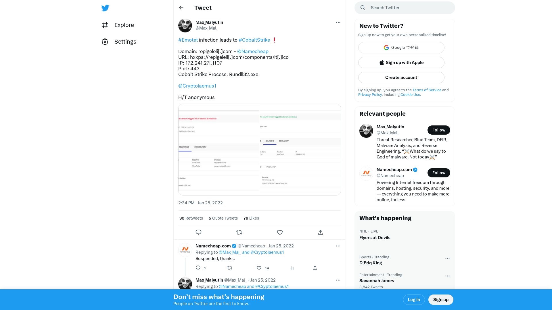 Max_Malyutin on Twitter: "#Emotet infection leads to #CobaltStrike ❗️ Domain: repigeleli[.]com - @Namecheap URL: hxxps://repigeleli[.]com/components/lt[.]ico IP: 172.241.27[.]107 Port: 443 Cobalt Strike Process: Rundll32.exe @Cryptolaemus1 H/T anonymous https://t.co/C0oKkr1HIg" / Twitter