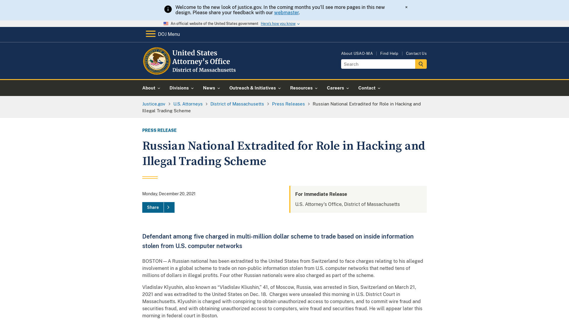 District of Massachusetts | Russian National Extradited for Role in Hacking and Illegal Trading Scheme | United States Department of Justice