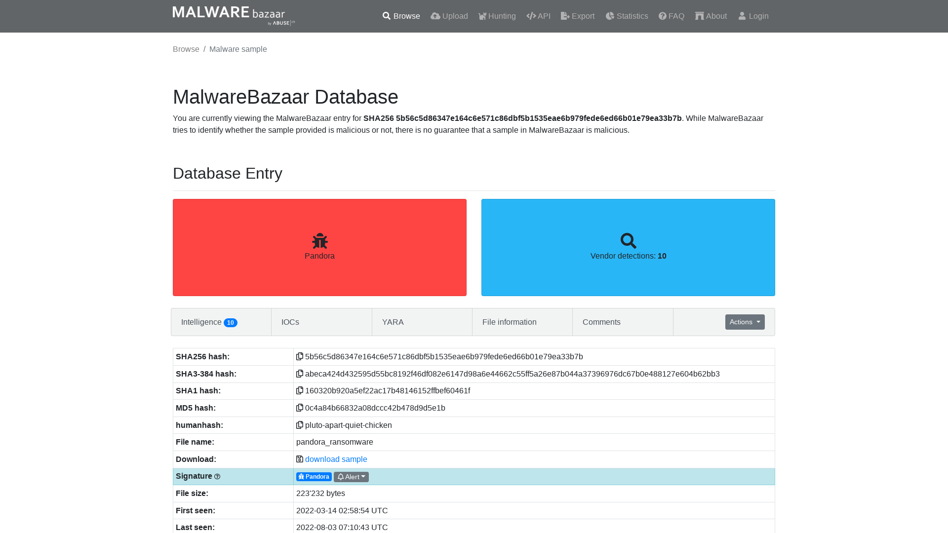 MalwareBazaar | SHA256 5b56c5d86347e164c6e571c86dbf5b1535eae6b979fede6ed66b01e79ea33b7b (Pandora)