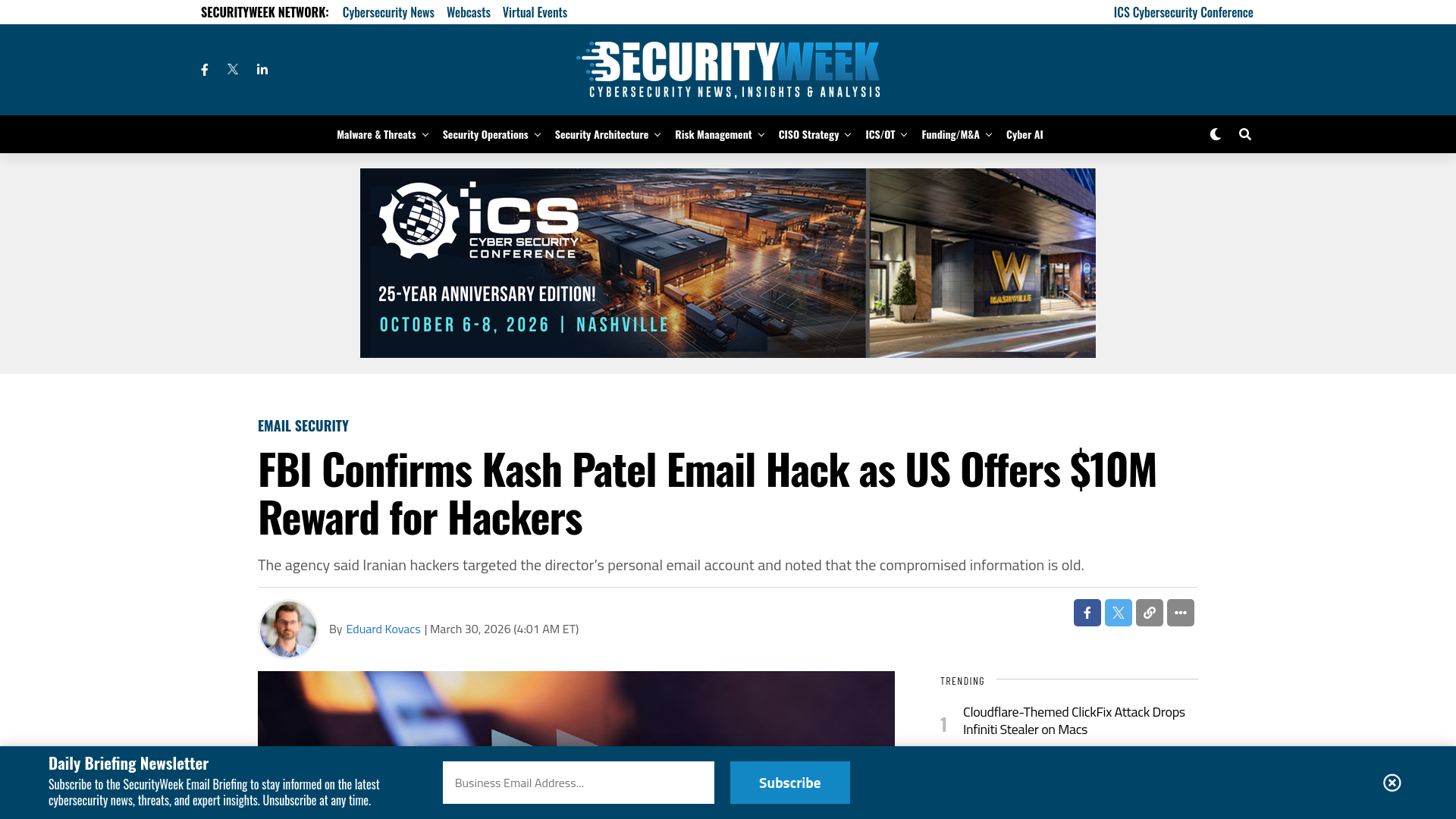 FBI Confirms Kash Patel Email Hack as US Offers $10M Reward for Hackers - SecurityWeek