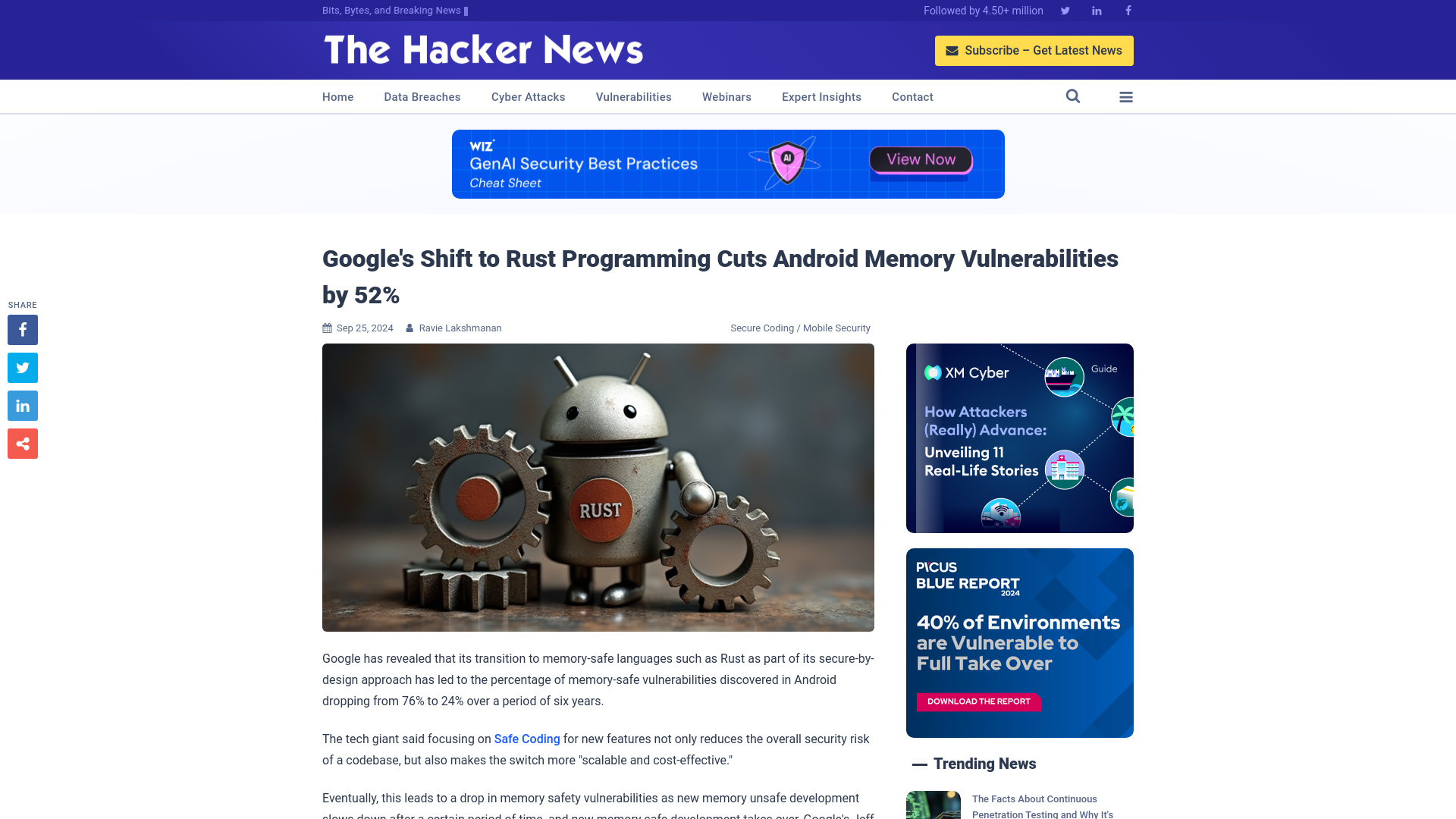 Google's Shift to Rust Programming Cuts Android Memory Vulnerabilities by 52%