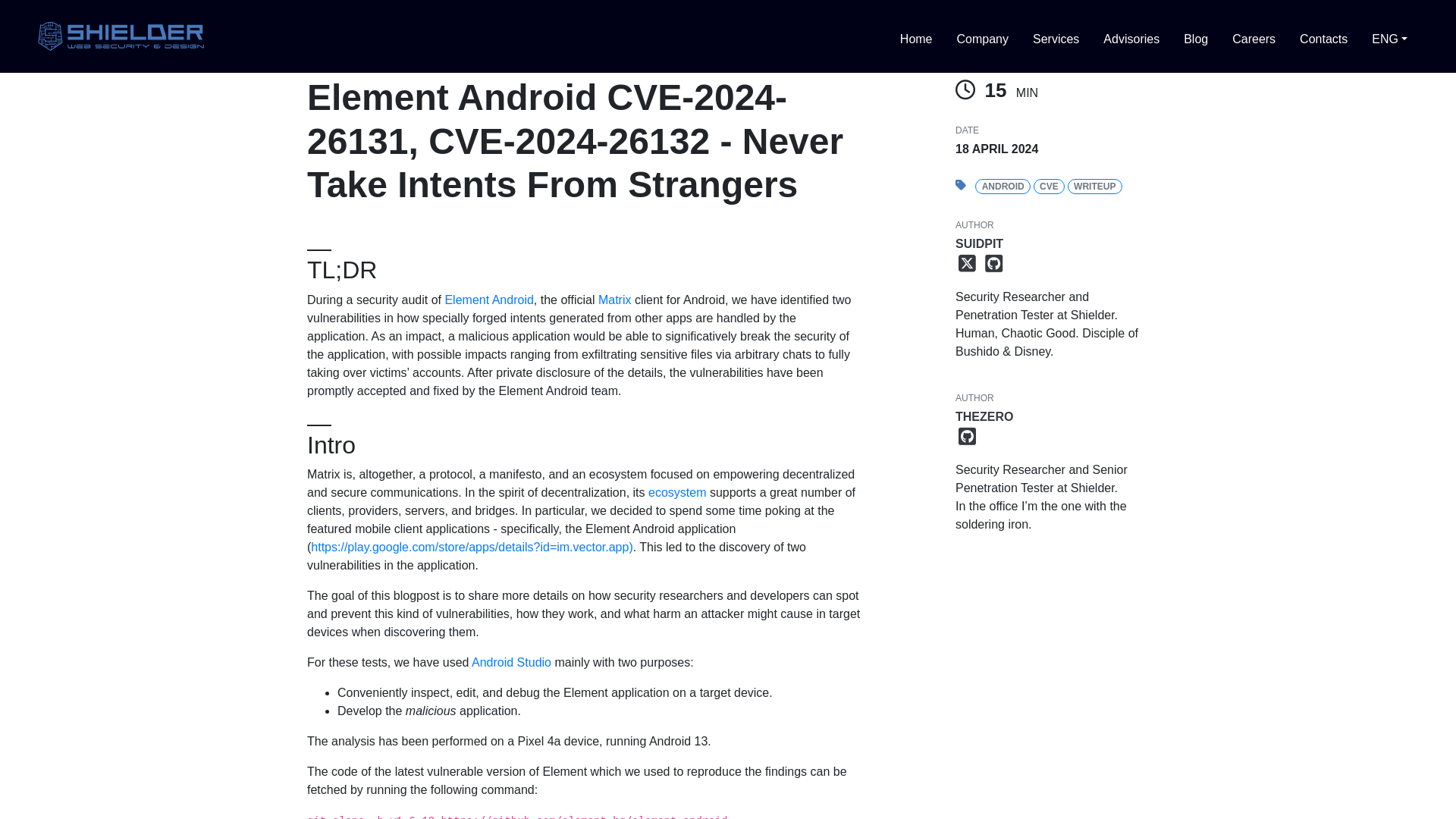 Shielder - Element Android CVE-2024-26131, CVE-2024-26132 - Never Take Intents From Strangers