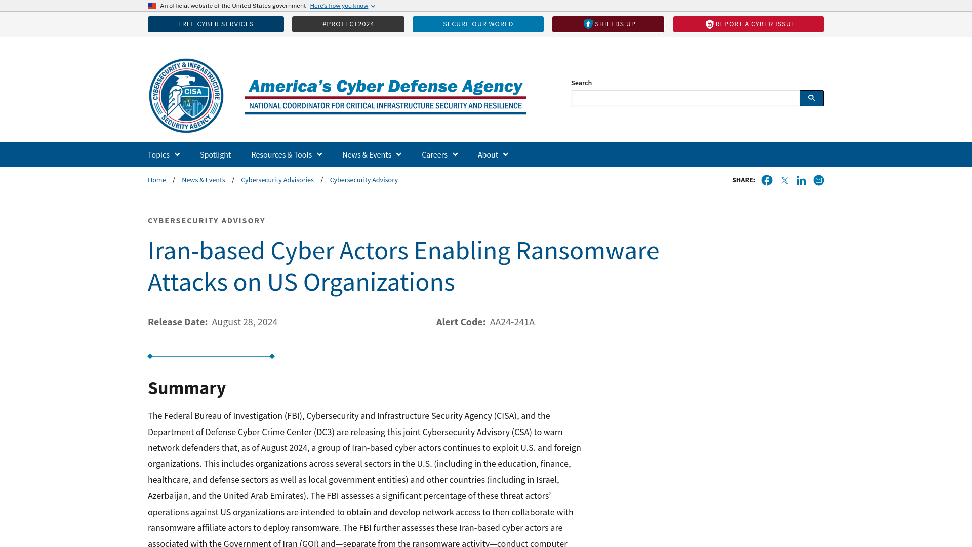 Iran-based Cyber Actors Enabling Ransomware Attacks on US Organizations | CISA