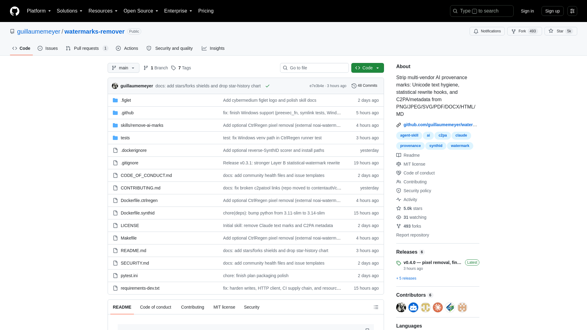 GitHub - guillaumemeyer/watermarks-remover: Strip multi-vendor AI provenance marks: Unicode text hygiene, statistical rewrite hooks, and C2PA/metadata from PNG/JPEG/SVG/PDF/DOCX/HTML/MD · GitHub
