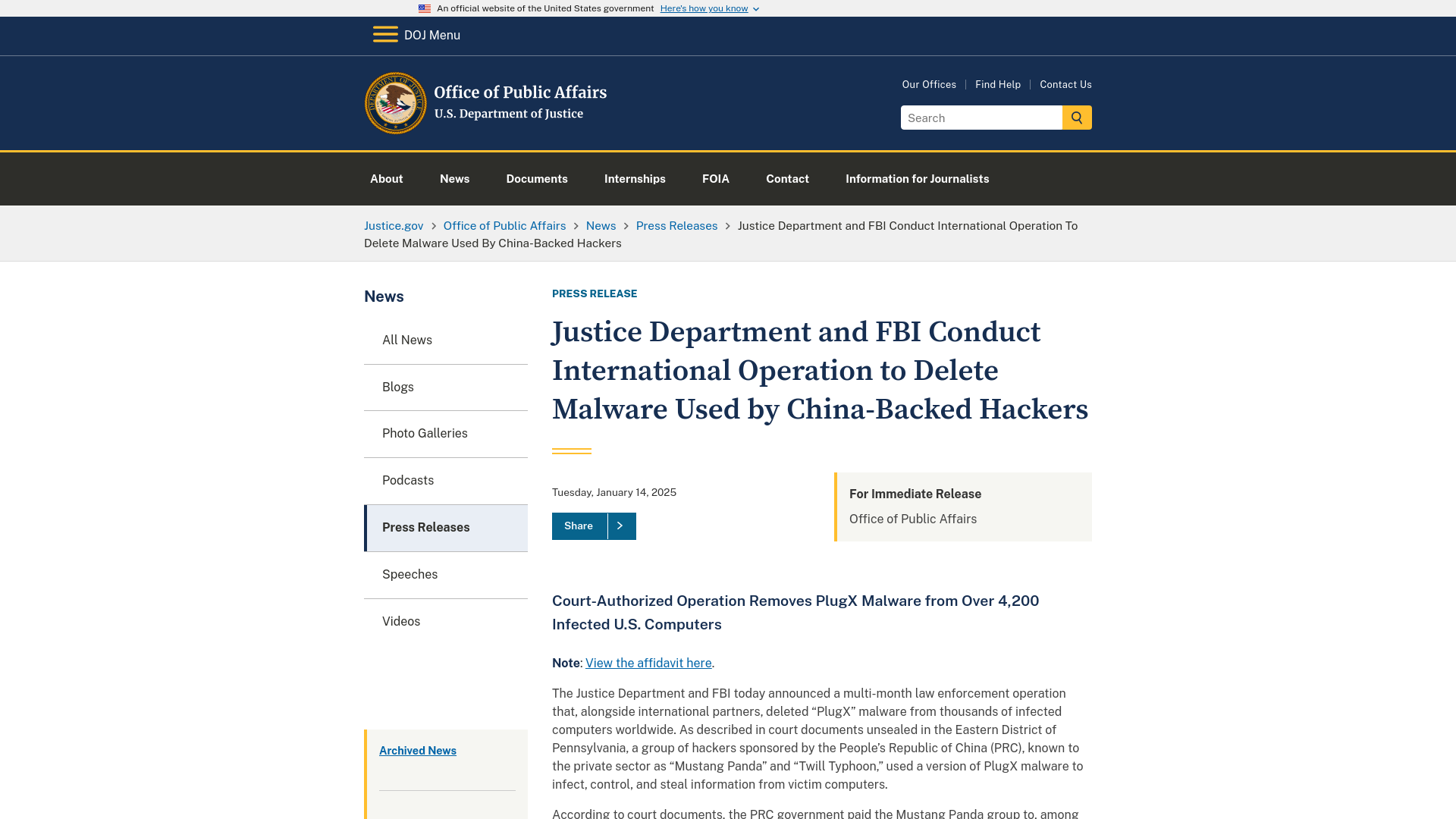 Office of Public Affairs | Justice Department and FBI Conduct International Operation to Delete Malware Used by China-Backed Hackers | United States Department of Justice