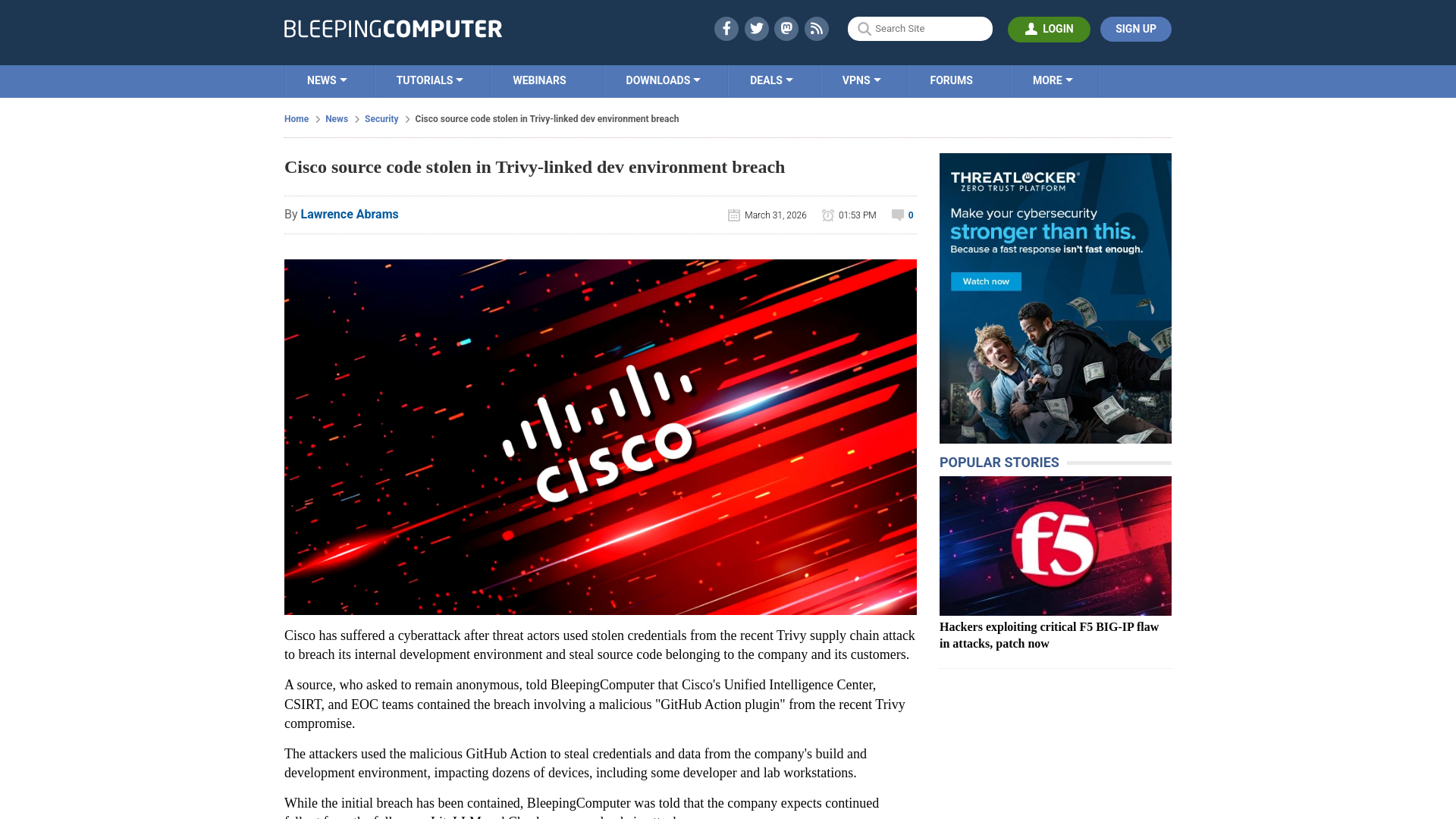 Cisco source code stolen in Trivy-linked dev environment breach