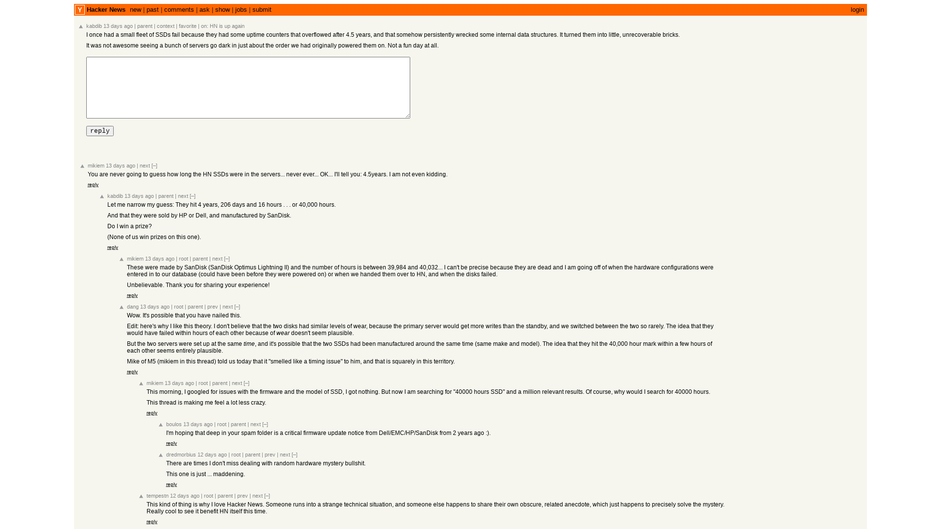 I once had a small fleet of SSDs fail because they had some uptime counters that... | Hacker News