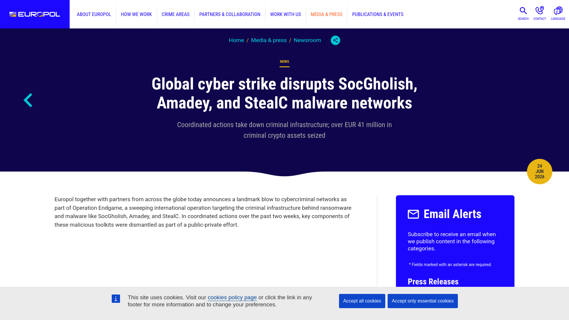 Global cyber strike disrupts SocGholish, Amadey, and StealC malware networks - Coordinated actions take down criminal infrastructure; over EUR 41 million in criminal crypto assets seized | Europol