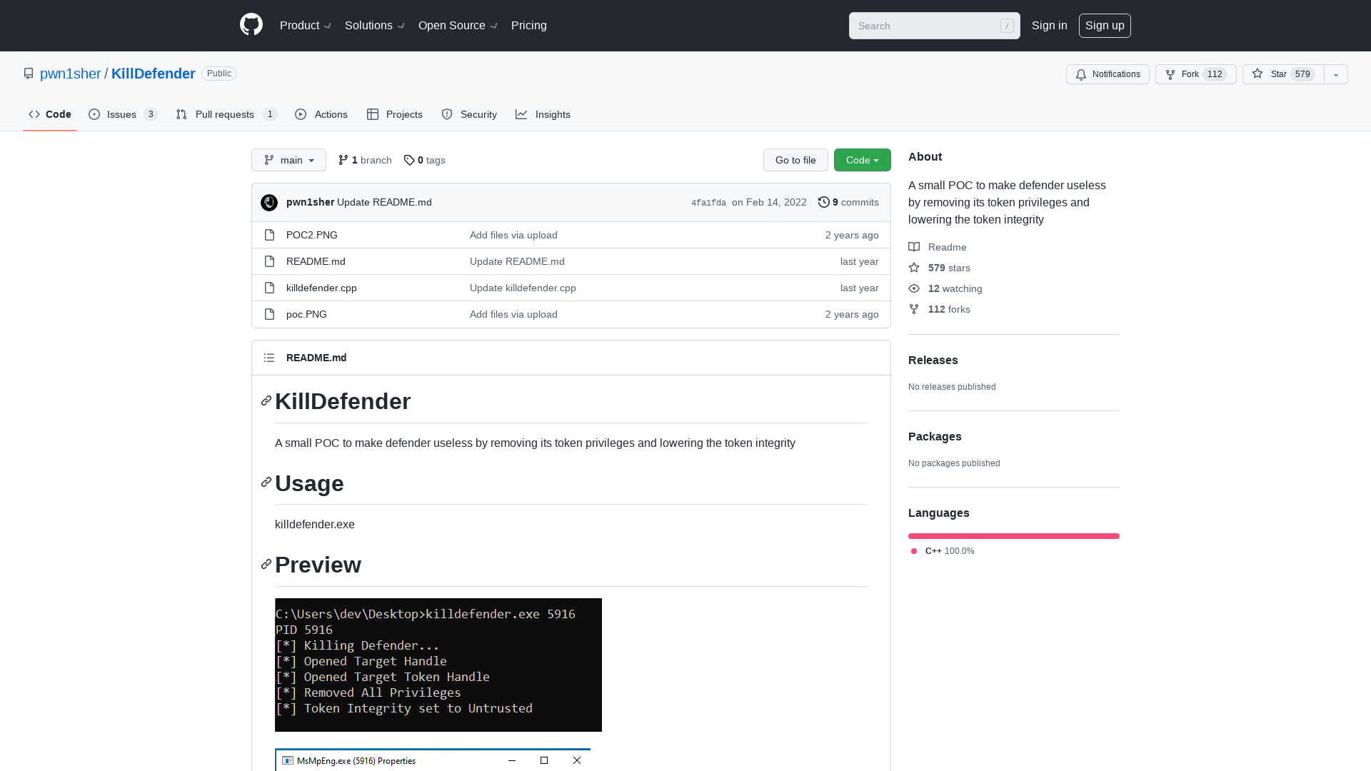 GitHub - pwn1sher/KillDefender: A small POC to make defender useless by removing its token privileges and lowering the token integrity