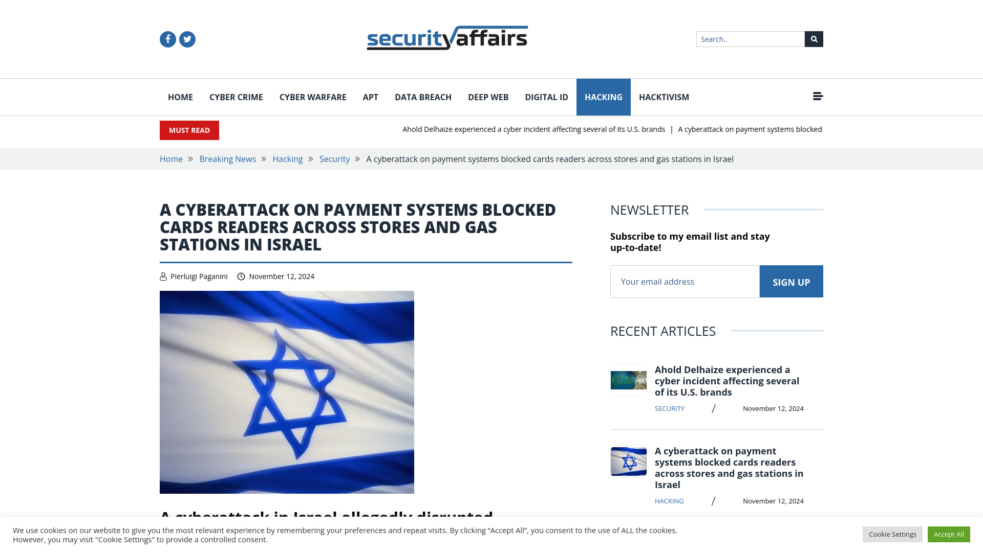 A cyberattack on payment systems blocked cards readers across stores and gas stations in Israel