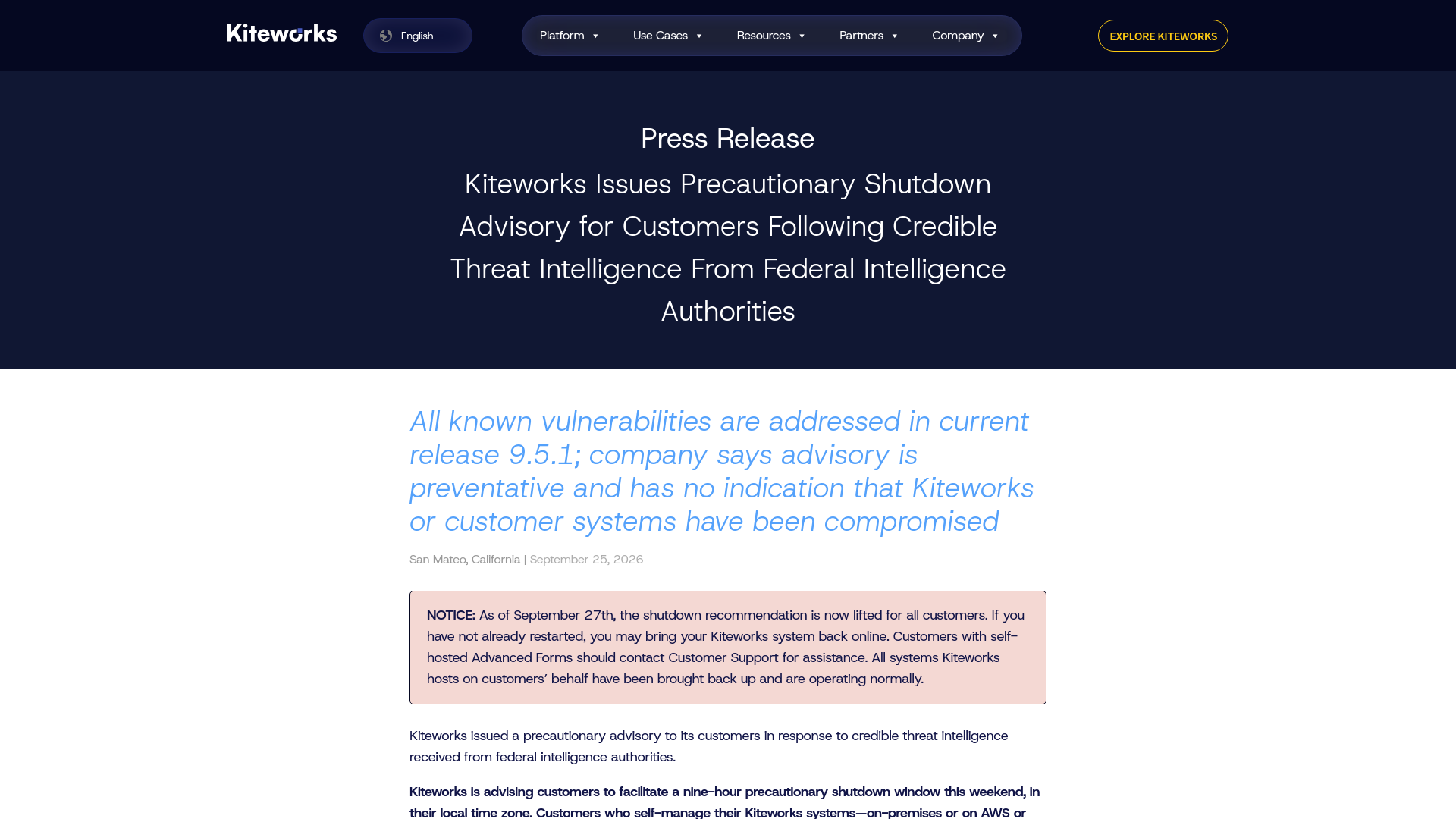 Kiteworks Precautionary Shutdown Advisory for Customers