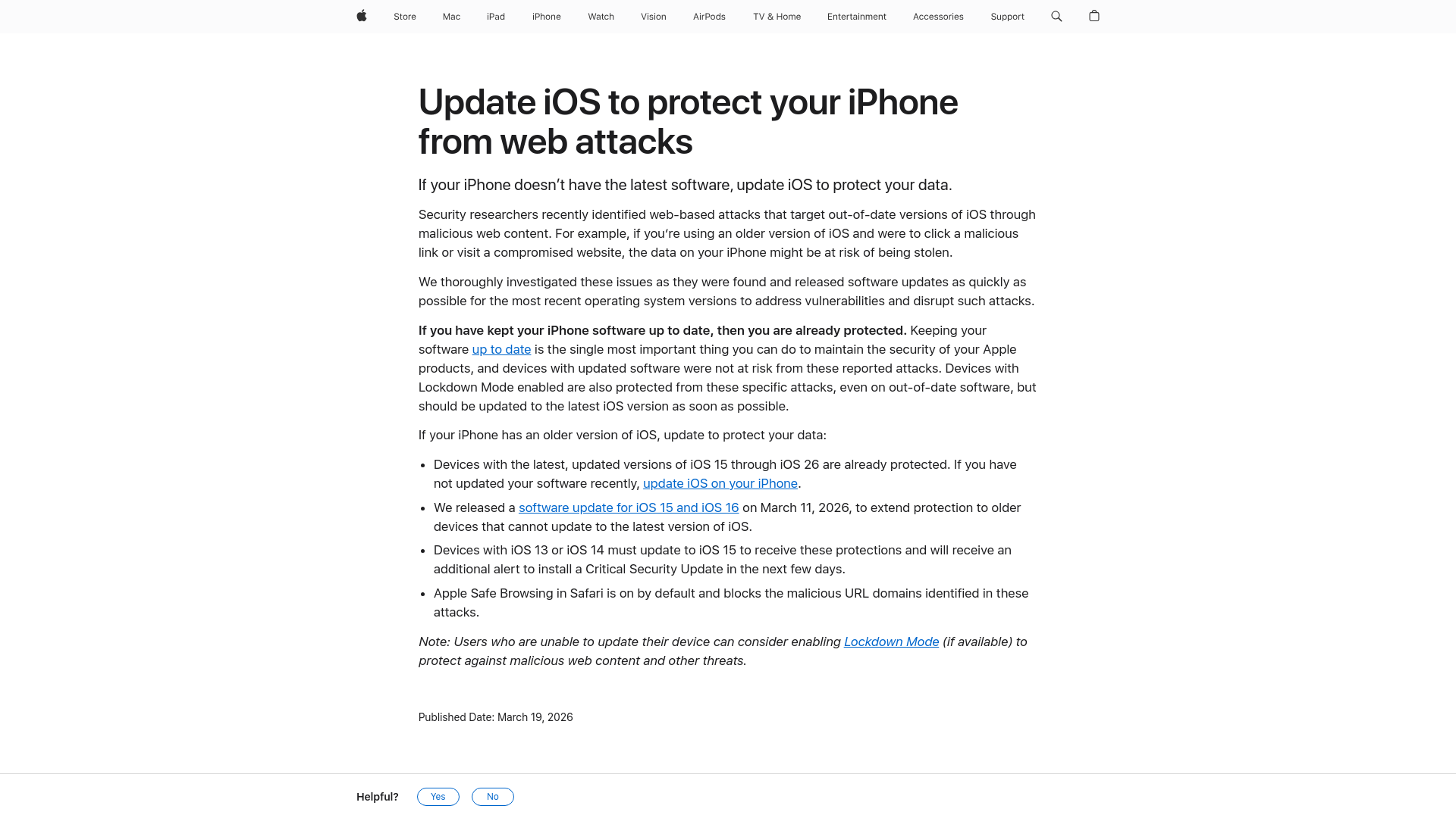 Update iOS to protect your iPhone from web attacks - Apple Support