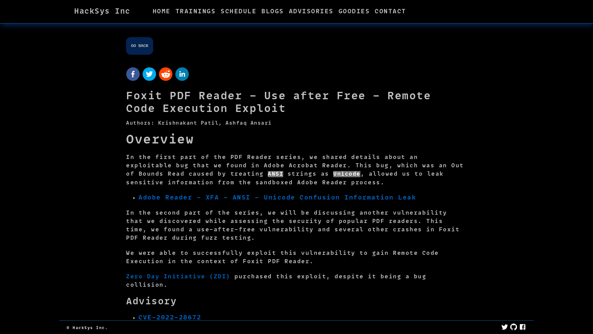 Foxit PDF Reader - Use after Free - Remote Code Execution Exploit - HackSys Inc