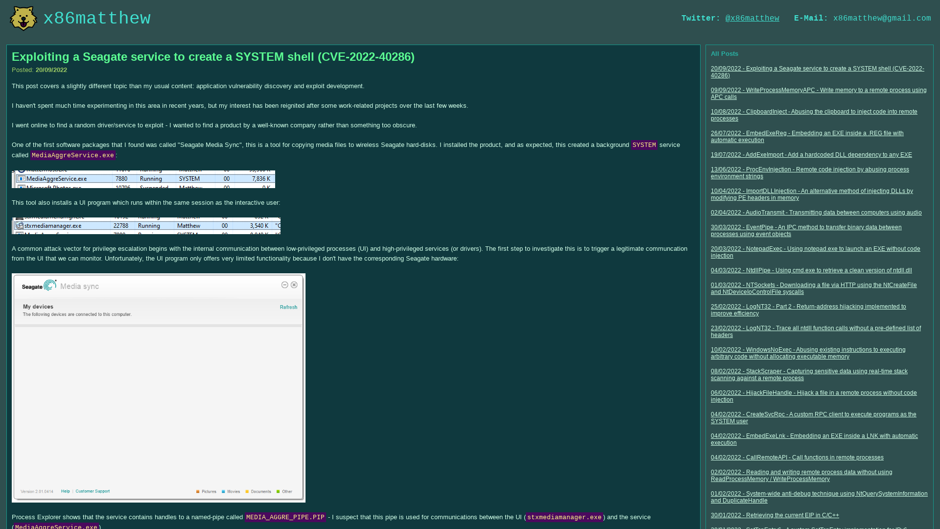x86matthew - Exploiting a Seagate service to create a SYSTEM shell (CVE-2022-40286)