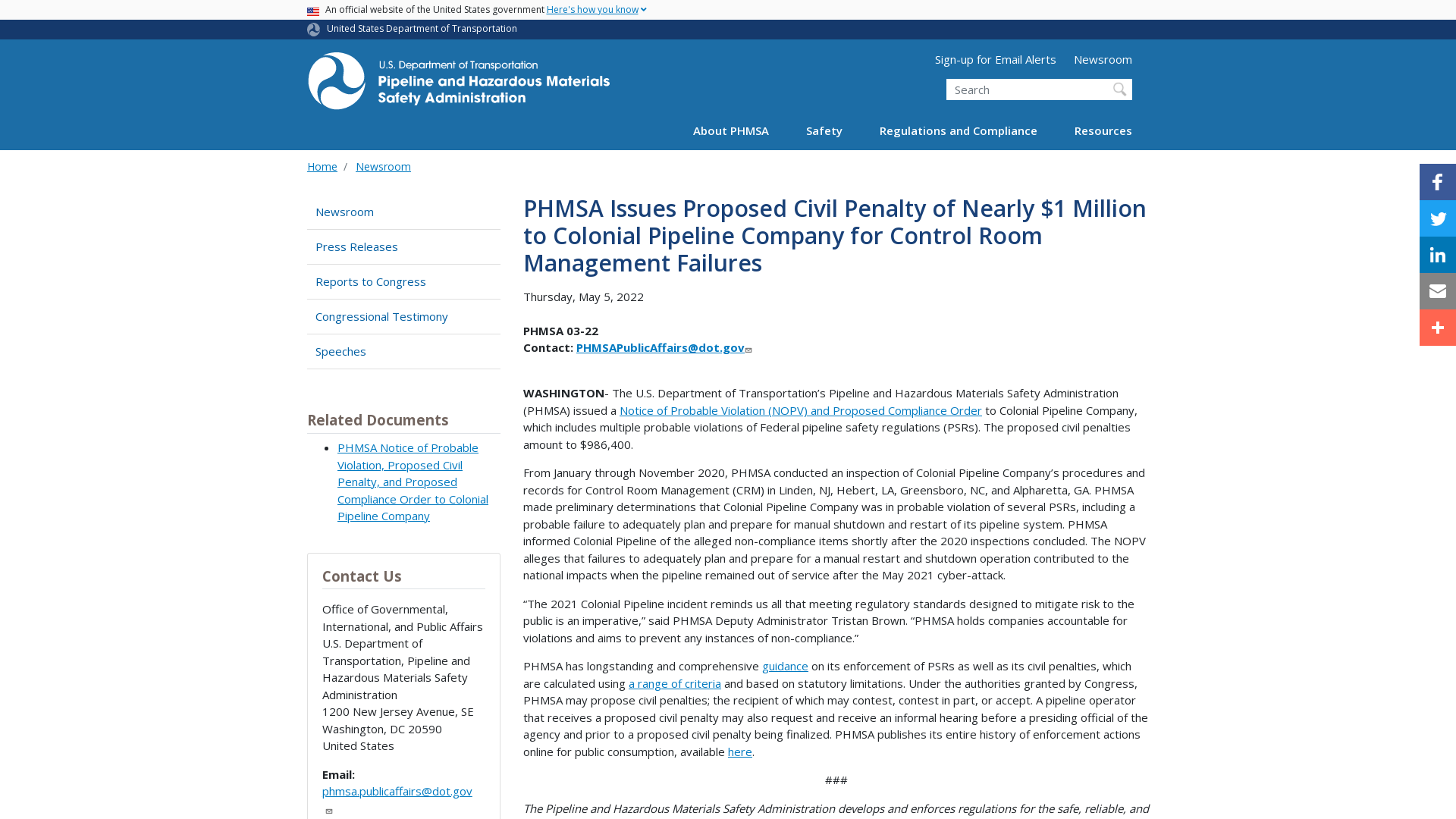 PHMSA Issues Proposed Civil Penalty of Nearly $1 Million to Colonial Pipeline Company for Control Room Management Failures | PHMSA