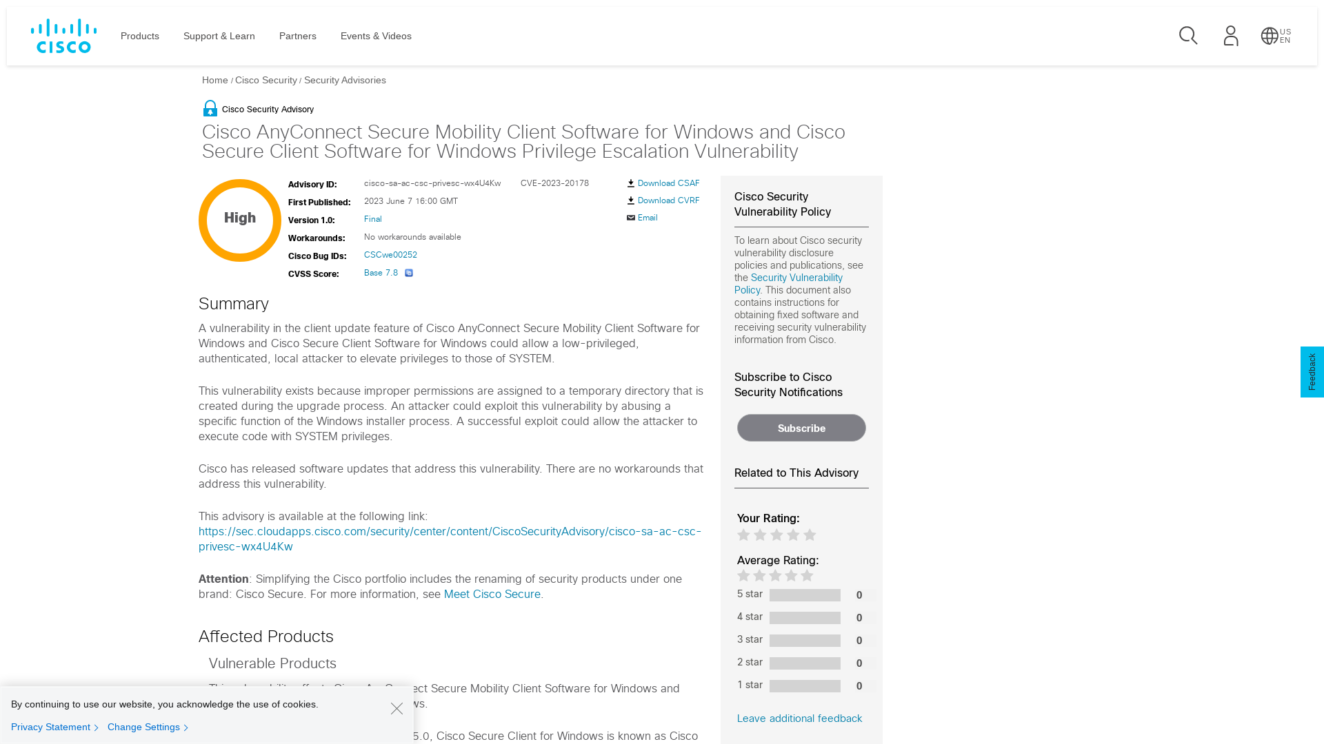 Cisco AnyConnect Secure Mobility Client Software for Windows and Cisco Secure Client Software for Windows Privilege Escalation Vulnerability