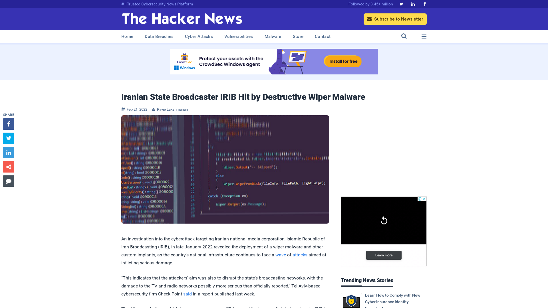 Iranian State Broadcaster IRIB Hit by Destructive Wiper Malware